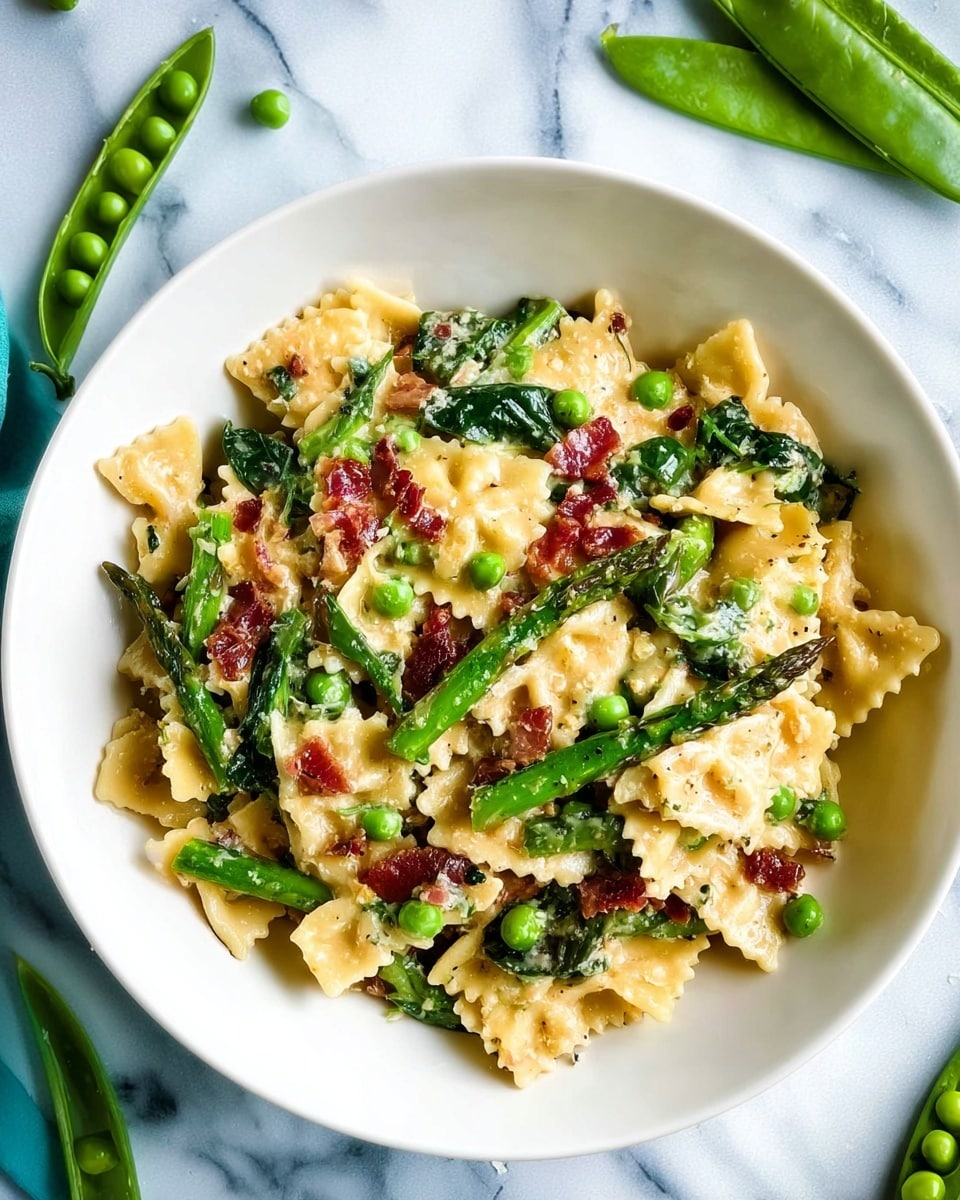 A white bowl filled with a pasta dish showing three main layers: the bottom layer has small, square, wavy-edged pasta pieces in a light yellow color; the middle layer contains bright green asparagus pieces cut into small segments; the top layer is scattered with bits of reddish bacon and dark green leafy spinach, all mixed with a creamy sauce giving a slightly glossy look. The bowl sits on a white marbled surface with a few asparagus spears and pea pods placed around for decoration. Photo taken with an iphone --ar 4:5 --v 7