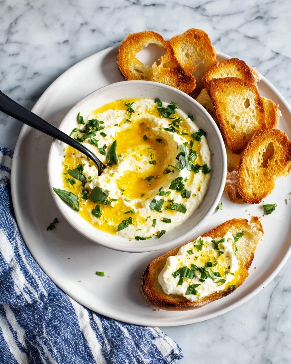 The dish shows a white plate with a smaller white bowl on top, filled with three layers: the bottom layer is white and creamy, the middle layer is a shiny golden yellow sauce swirled into the cream, and the top layer has chopped green herbs scattered over the sauce. Around the bowl are several pieces of toasted, thin, golden brown bread arranged neatly. A black spoon rests inside the bowl, partially covered in the creamy mixture and sauce. In front of the plate on the white marbled surface is one piece of toasted bread topped with the same cream, sauce, and chopped herbs. A blue and white striped cloth is placed to the left of the plate. Photo taken with an iphone --ar 4:5 --v 7