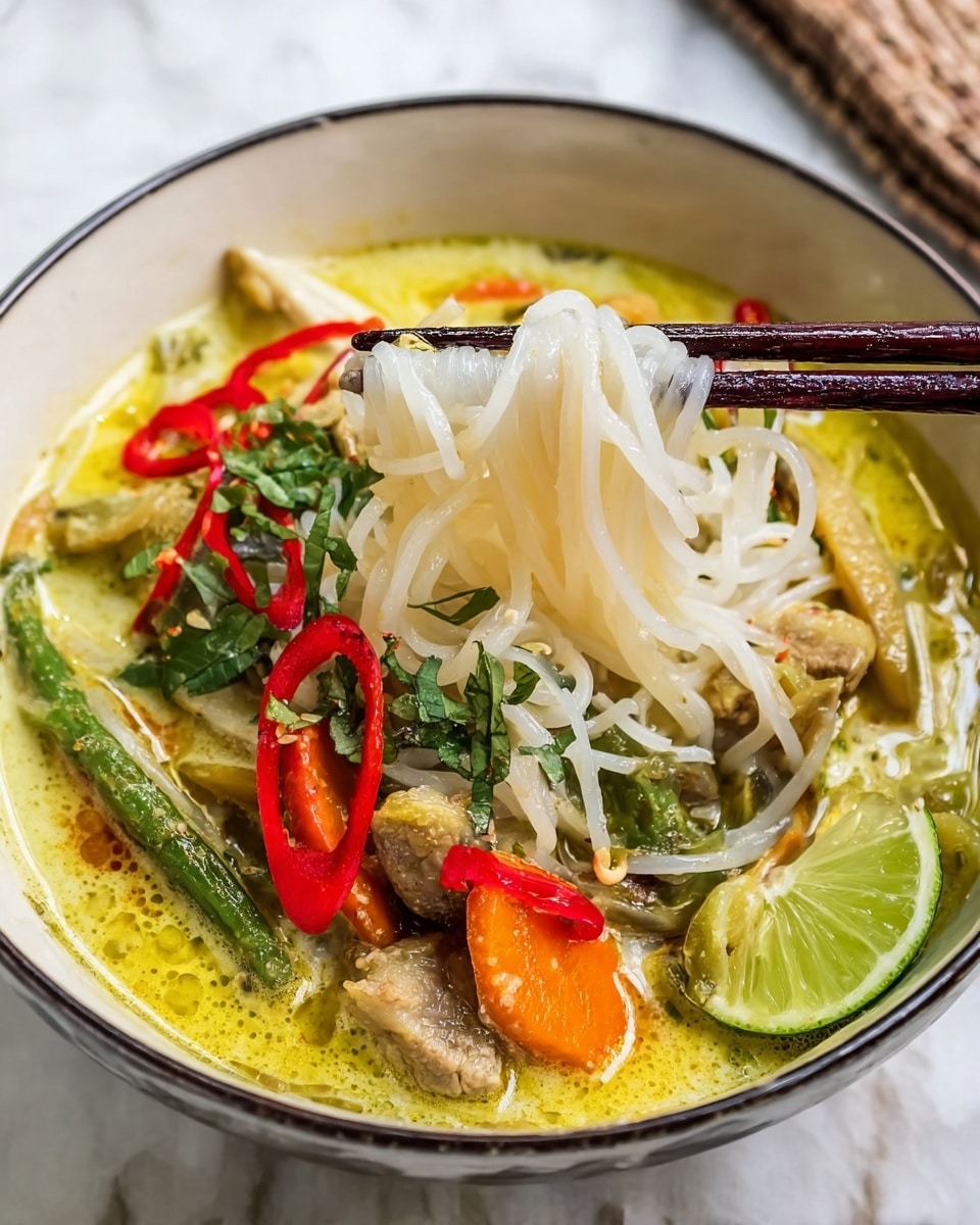 In a white bowl, there is a dish with three main layers: the base layer is a yellowish-green creamy broth with visible oil drops, spreading across the bowl; on top of it are various colorful vegetables including orange carrot sticks, green beans, green leaves, red chili slices, and pale beige bamboo shoots, along with light brown pieces of meat; the top layer features white translucent rice noodles being lifted with dark brown chopsticks, showing their soft and smooth texture with some green herb garnishing visible. A wedge of lime rests on the side near the edge of the bowl, enhancing the fresh look of the dish, all set on a white marbled surface. Photo taken with an iphone --ar 4:5 --v 7