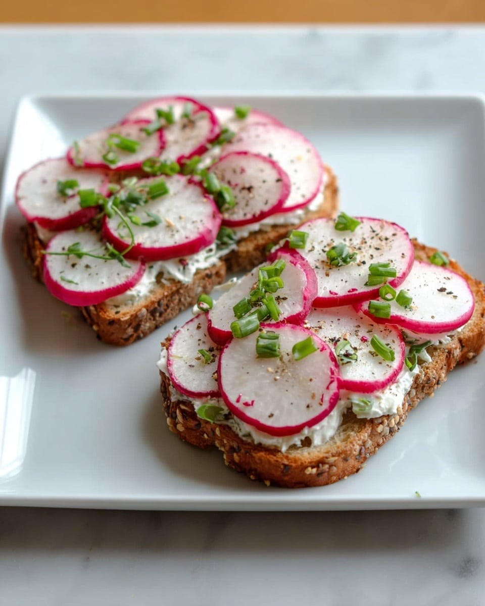 Two slices of seed bread serve as the base layer, each topped with a smooth spread of white cream cheese. On top of the cheese, there are several thin slices of round radishes with white centers and red edges arranged neatly. Small green herbs, likely chopped chives or spring onions, are scattered over the radish slices. A light sprinkle of black pepper is visible on top, adding texture and contrast. The bread slices sit on a clean white square plate, all placed on a white marbled surface. photo taken with an iphone --ar 4:5 --v 7