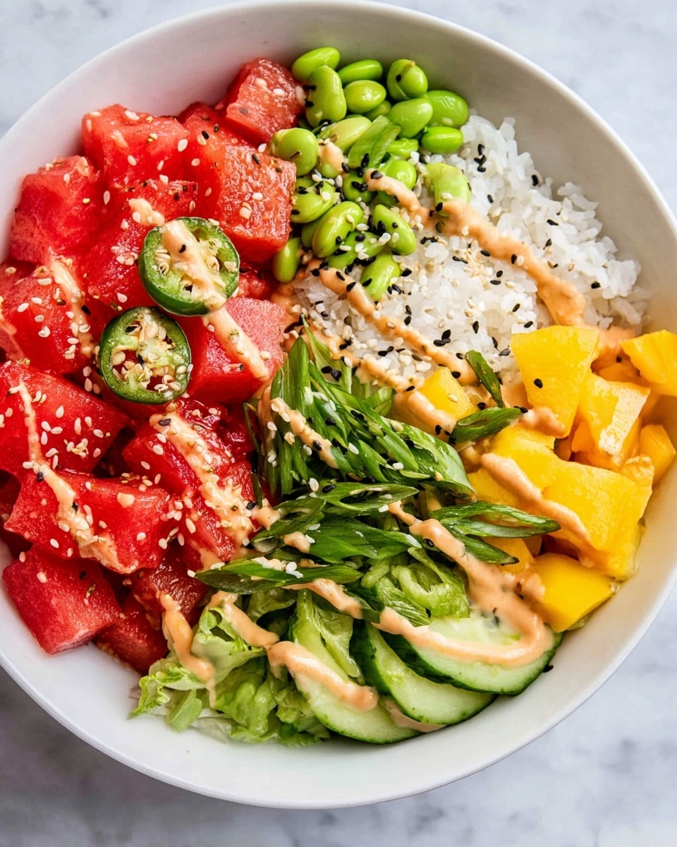 In a white bowl on a white marbled surface, a colorful poke bowl is arranged with five main layers. On the top left, bright red watermelon cubes are generous and vibrant, decorated with a few sesame seeds and a sliced green chili piece. To the right of the watermelon is a neat portion of fluffy white rice. Below the rice, shiny green edamame beans add a smooth texture. On the bottom right, bright yellow mango chunks bring a soft, juicy look. On the bottom left, fresh cucumber sticks with a crisp texture form a vivid green layer next to slices of creamy avocado. The whole bowl is topped with fresh green spring onion slices and drizzled with a creamy orange sauce, sprinkled lightly with black and white sesame seeds. Photo taken with an iphone --ar 4:5 --v 7