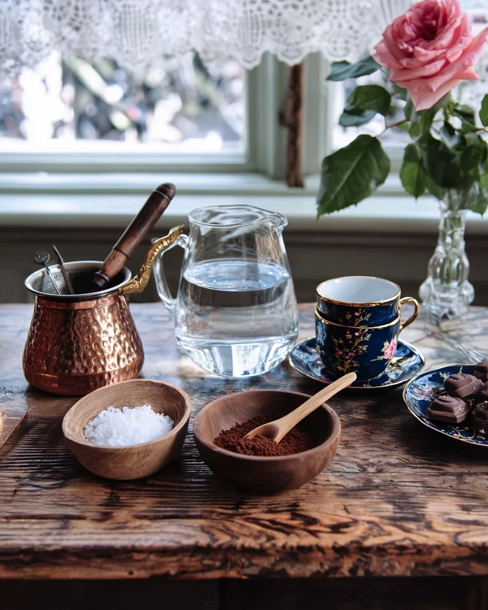 A rustic wooden table holds items for making coffee: a hammered copper pot with a dark wooden handle and a metal stirrer inside, placed to the left; next to it is a clear glass jug filled with water, and in front of the jug is a small wooden bowl filled with white sugar. To the right, there is a round wooden bowl filled with dark brown coffee powder with a wooden spoon resting inside it. Nearby are two stacked dark blue cups with floral patterns and gold rims, sitting on matching saucers. A dark plate with chocolates is partially visible on the right edge. In the background, a single pink rose with green leaves is inside a glass vase, set against a white marbled textured surface with a window and delicate lace curtains behind. Photo taken with an iphone --ar 4:5 --v 7
