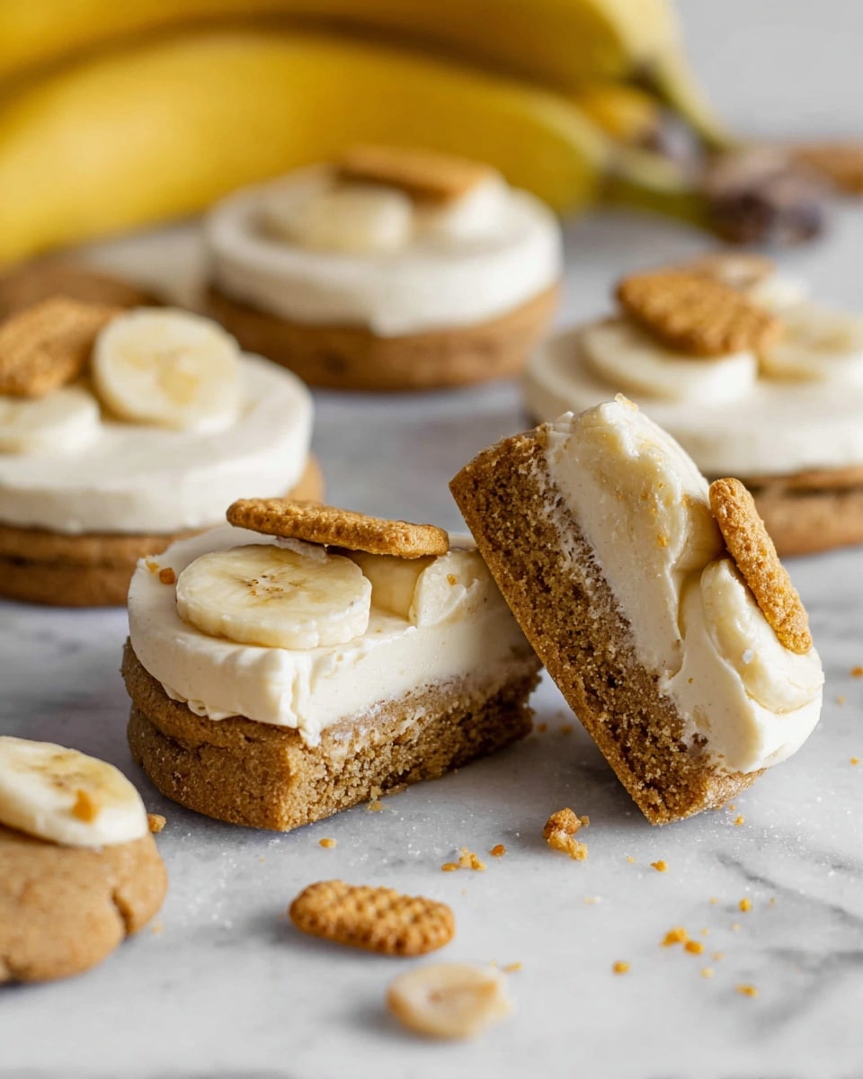This image shows round cookie base with three layers: the bottom crumbly light brown cookie, a thick creamy white layer on top, and small banana slices and golden biscuit pieces placed on the cream as decoration. One cookie is cut in half and tilted to show the side view of the layers. In the background, there are more cookies, and a bunch of yellow bananas is slightly out of focus. The surface is white marble with some cookie crumbs scattered around. Photo taken with an iphone --ar 4:5 --v 7