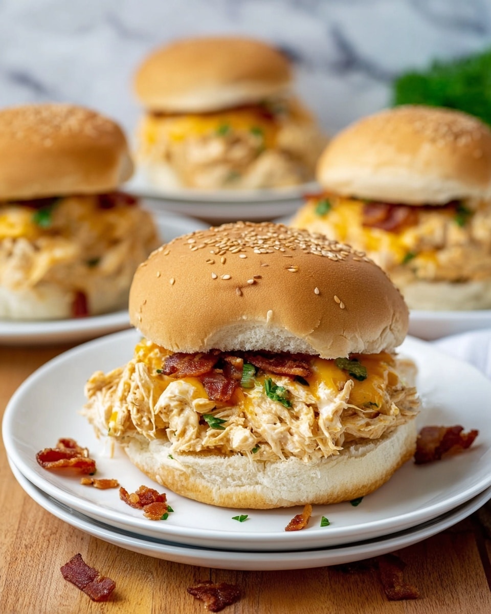 The image shows a close-up of a sandwich on a white plate, placed on a wooden surface. The sandwich has three main layers: a top sesame seed bun that is light brown and soft, a thick middle layer of shredded chicken mixed with creamy melted yellow cheese and bits of crispy bacon, and a bottom bun that matches the top in color and texture. Small pieces of bacon and green herbs are visible within the chicken layer and some bacon bits fall on the plate and the wooden surface around it. In the background, there are three more sandwiches, slightly out of focus, sitting on white plates against a white marbled surface with a hint of green decoration. photo taken with an iphone --ar 4:5 --v 7
