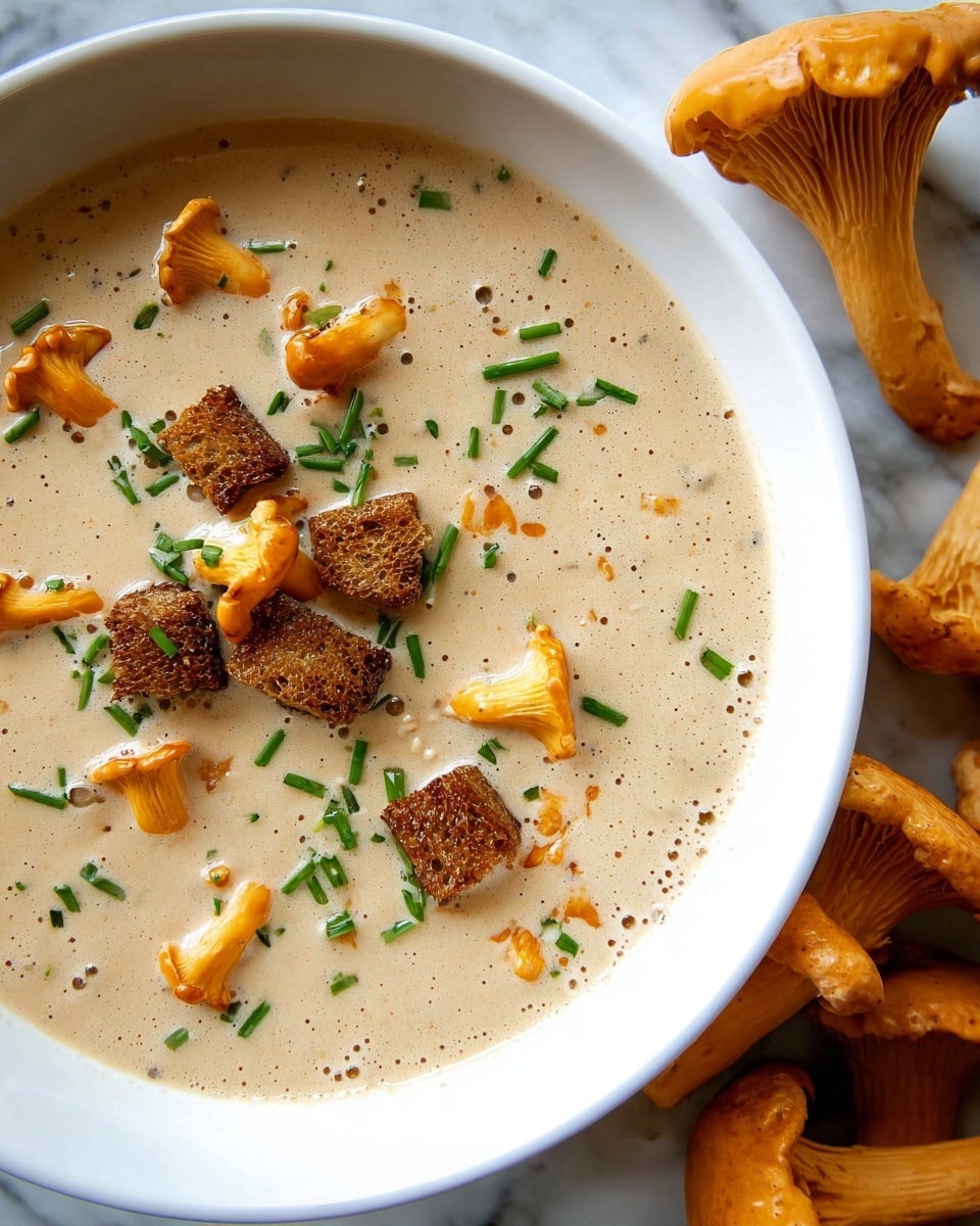A white bowl filled with creamy, light tan soup forms the base layer, smooth with tiny air bubbles on the surface. Scattered on top are small orange-yellow chanterelle mushrooms with soft, curved caps and light stems, evenly spread across the soup. Dark brown toasted bread cubes with rough textures add contrast, placed among the mushrooms. Small, bright green chopped chives are sprinkled lightly, adding color and freshness to the presentation. The bowl sits on a white marbled surface and fresh whole chanterelle mushrooms gently surround the right side of the bowl. Photo taken with an iphone --ar 4:5 --v 7