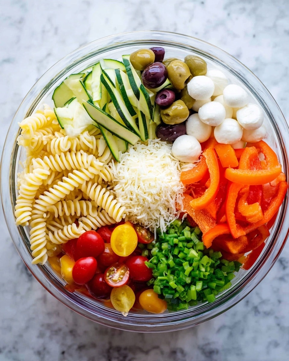 A clear glass bowl contains a layered salad arranged in sections. In the middle, there is a small pile of light yellow spiral pasta. Surrounding the pasta, starting from the top, there are thin green slices of zucchini arranged neatly. To the right, there are green and dark purple sliced olives. Below the olives, bright orange sliced bell peppers fill a section. Next to the peppers is a pile of bright green chopped scallions. At the bottom center, there is a small heap of white grated cheese. To the left of the cheese, there are halved red cherry tomatoes mixed with yellow small tomatoes. Finally, next to the tomatoes, soft white mozzarella balls complete the circle. The bowl is set on a white marbled surface. Photo taken with an iphone --ar 4:5 --v 7