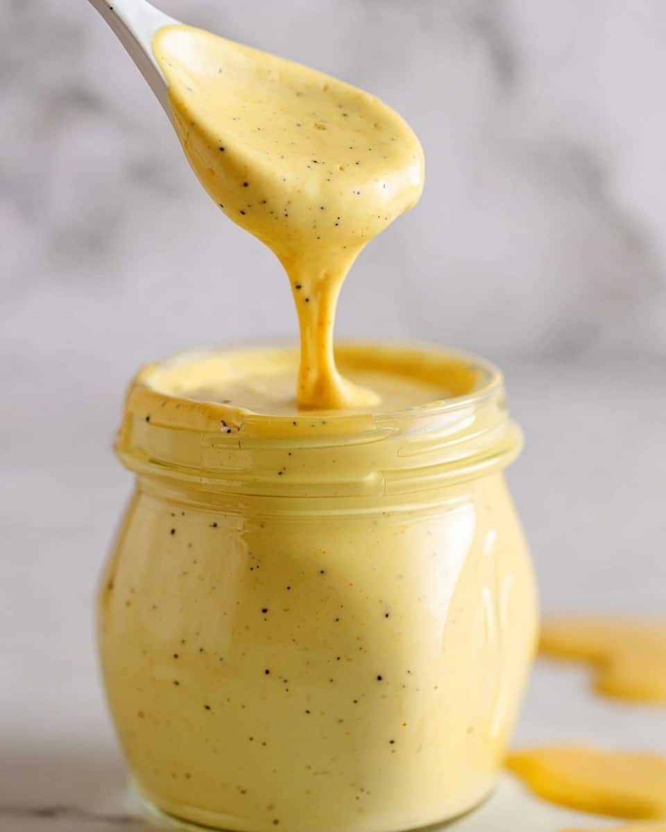 A close-up view of a thick, creamy yellow sauce with tiny black specks, dripping from a white spoon held above a clear glass jar filled to the brim with the same sauce that slightly spills over the edges. The background is blurred with a white marbled texture, creating a clean and fresh look. Photo taken with an iphone --ar 4:5 --v 7