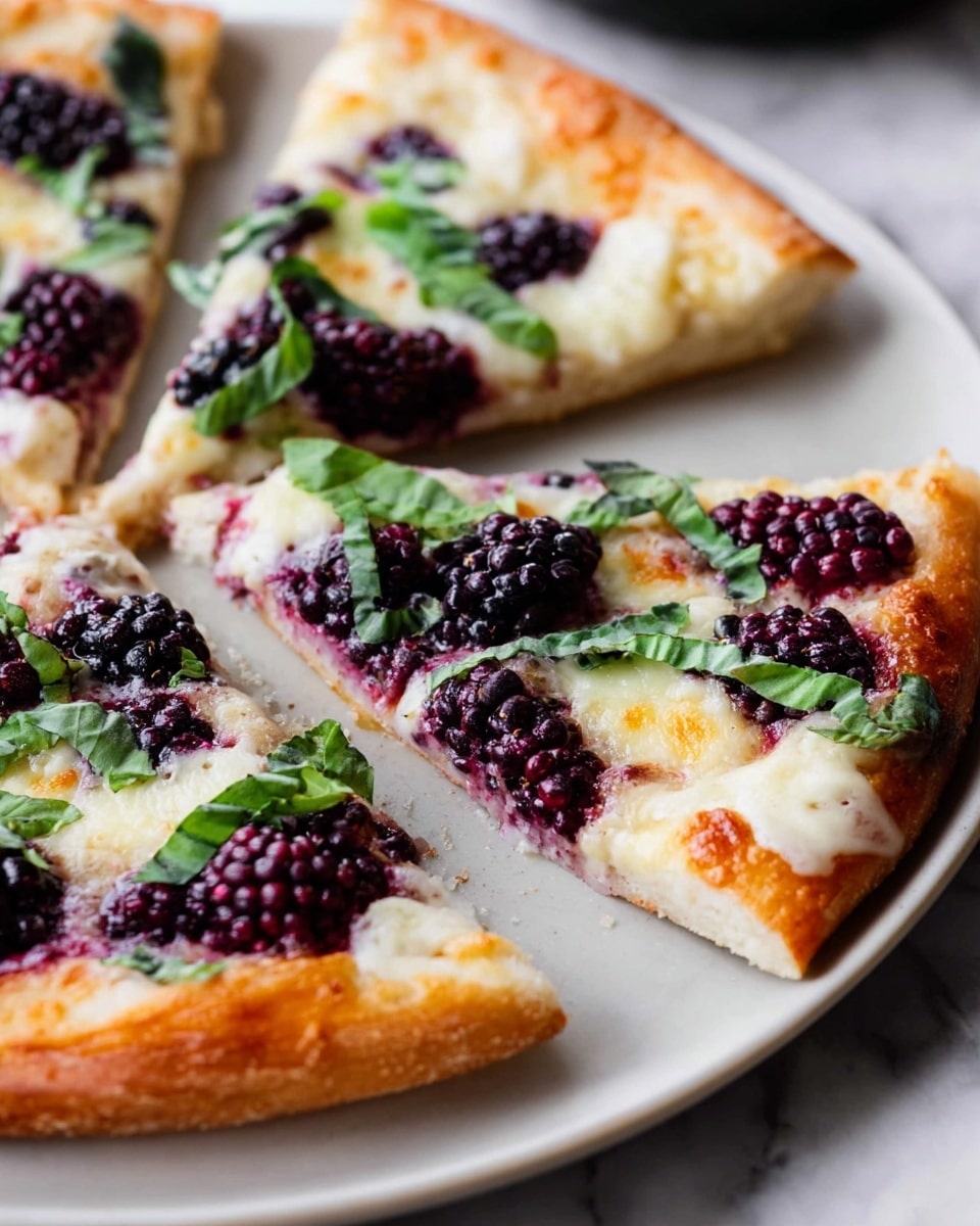 The image shows three slices of pizza on a white plate placed on a white marbled surface. The pizza has a thin golden-brown crust as the base layer. On top, there is a layer of melted white cheese with some golden spots where the cheese has browned. Spread unevenly across the cheese layer are dark purple-black blackberries, some whole and some slightly broken, adding rich color texture. Scattered lavender-green fresh basil leaves are placed on top of the blackberries and cheese, creating a fresh garnish and contrasting with the dark fruit and light cheese. The photo is taken close up, highlighting the textures and colors of the pizza layers. Photo taken with an iphone --ar 4:5 --v 7