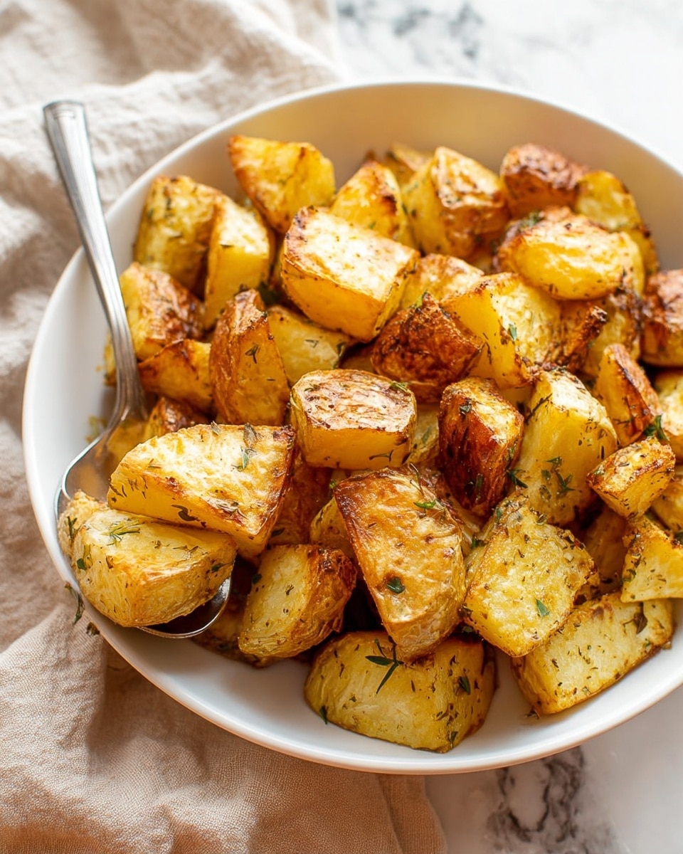 A white bowl is filled with golden brown roasted potato chunks, each piece showing crispy edges and a soft, slightly creamy interior. The potatoes are sprinkled with small green herb bits, adding texture and color contrast. A metal spoon lifts some potato pieces from the bowl, highlighting their roasted, slightly roughened skin. The bowl sits on a white marbled surface with a soft beige cloth partially visible nearby. The scene is bright with natural light, emphasizing the warm, inviting look of the roasted potatoes photo taken with an iphone --ar 4:5 --v 7