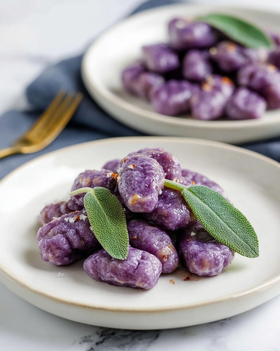 A white plate sits on a white marbled surface, holding a pile of purple gnocchi with a slightly shiny, textured surface and small bits of seasoning visible. On top of the gnocchi, there are two fresh green sage leaves. In the background, another white plate with more purple gnocchi and sage leaves is slightly blurred. Photo taken with an iphone --ar 4:5 --v 7