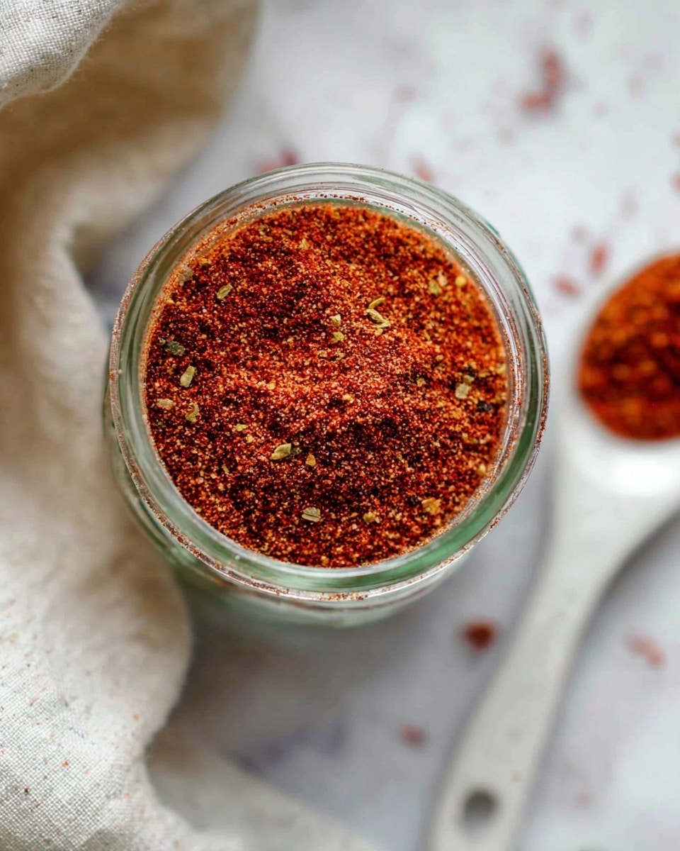 Top view of a glass jar filled with a finely ground red spice mix with small green and brown bits scattered throughout. The jar sits on a white marbled surface. Near the top right corner, a white spoon holds some of the same spice mix, slightly blurred in the background. A soft cream-colored cloth is positioned at the bottom left edge of the image. Photo taken with an iphone --ar 4:5 --v 7
