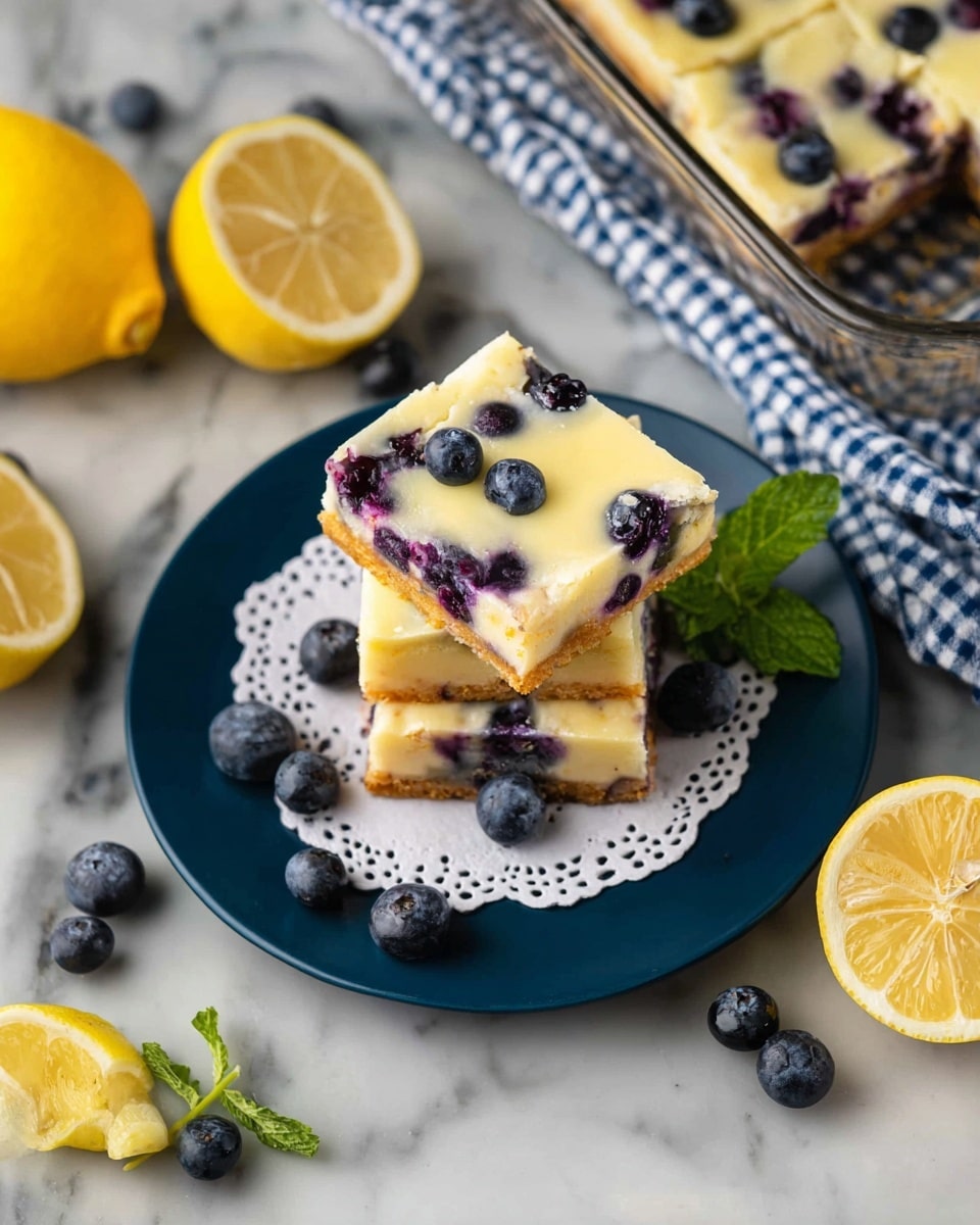 A stack of three square blueberry lemon bars rests on a white doily placed on a dark blue round plate. The bars have two visible layers: a pale yellow, creamy top layer with whole blueberries embedded in it and a golden crust underneath. Around the stack are fresh blueberries scattered on the plate and two halved lemons on either side, adding bright yellow contrast. Below the plate is a green mint sprig, and the whole setting is on a white marbled surface with a blue and white checked cloth partly spread nearby. In the top right corner, a glass baking dish offers a glimpse of more lemon bars with blueberries. Photo taken with an iphone --ar 4:5 --v 7