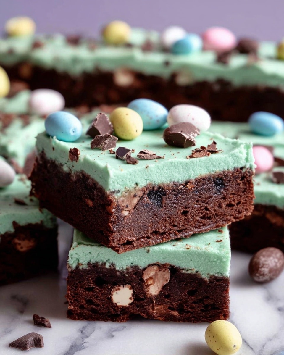 The image shows square dessert pieces with two layers on a white marbled surface. The bottom layer is thick, dark brown, and dense with visible chunks of chocolate embedded inside. The top layer is a smooth, light green frosting, about one-third the thickness of the bottom layer. The frosting is sprinkled with small pieces of chocolate and colorful candy eggs in pastel blue, pink, yellow, and white, some of which are cracked to show their insides. The dessert pieces are stacked and arranged closely, creating a tempting display. Photo taken with an iphone --ar 4:5 --v 7