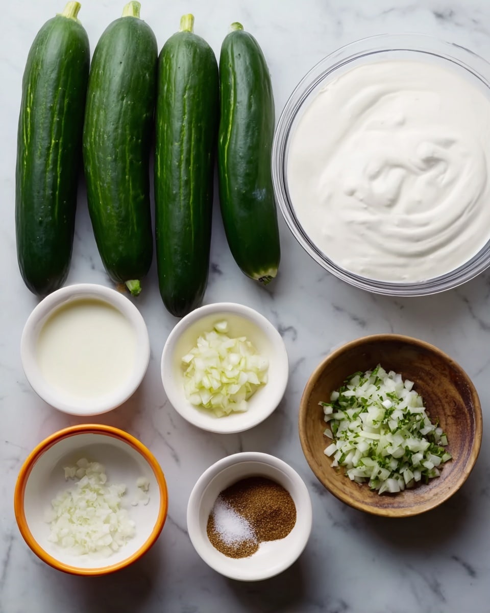 The image shows a white marbled surface with several small white bowls arranged neatly. Three long dark green cucumbers lie at the top of the image. A large glass bowl filled with thick white yogurt is on the right side. There are six small white bowls below the cucumbers and yogurt: one with a white liquid, one with minced garlic, one with finely chopped onions, and one with small green herb pieces. Two small round bowls with orange rims contain brown cumin powder and white salt. The overall look is clean and organized photo taken with an iphone --ar 4:5 --v 7
