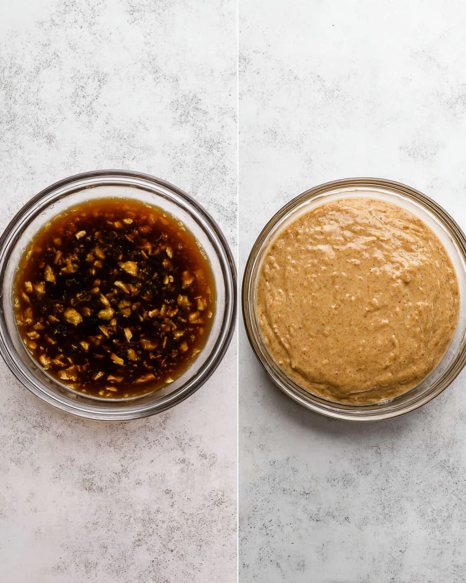 Two clear glass bowls sit side by side on a white marbled surface. The left bowl contains a dark brown liquid with small pieces of light yellow and darker brown bits floating inside, giving a mixed, slightly chunky texture. The right bowl holds a thick, creamy mixture that is light brown with a smooth yet slightly uneven surface, showing some darker specks throughout. Both bowls are simple and round, highlighting the contrast between the watery dark liquid and the dense light brown batter. photo taken with an iphone --ar 4:5 --v 7