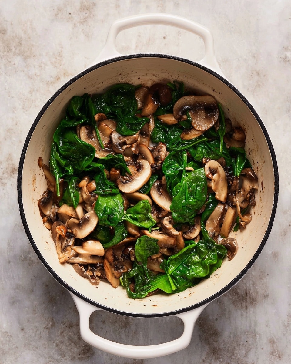 Inside a white cooking pot with black edges and a handle, there is a mix of cooked mushrooms and bright green spinach leaves. The mushrooms are sliced and light to dark brown, showing a soft texture, while the spinach is fresh and slightly wilted, scattered evenly throughout the pot. The pot is placed on a white marbled surface that contrasts with the earthy colors of the food. photo taken with an iphone --ar 4:5 --v 7