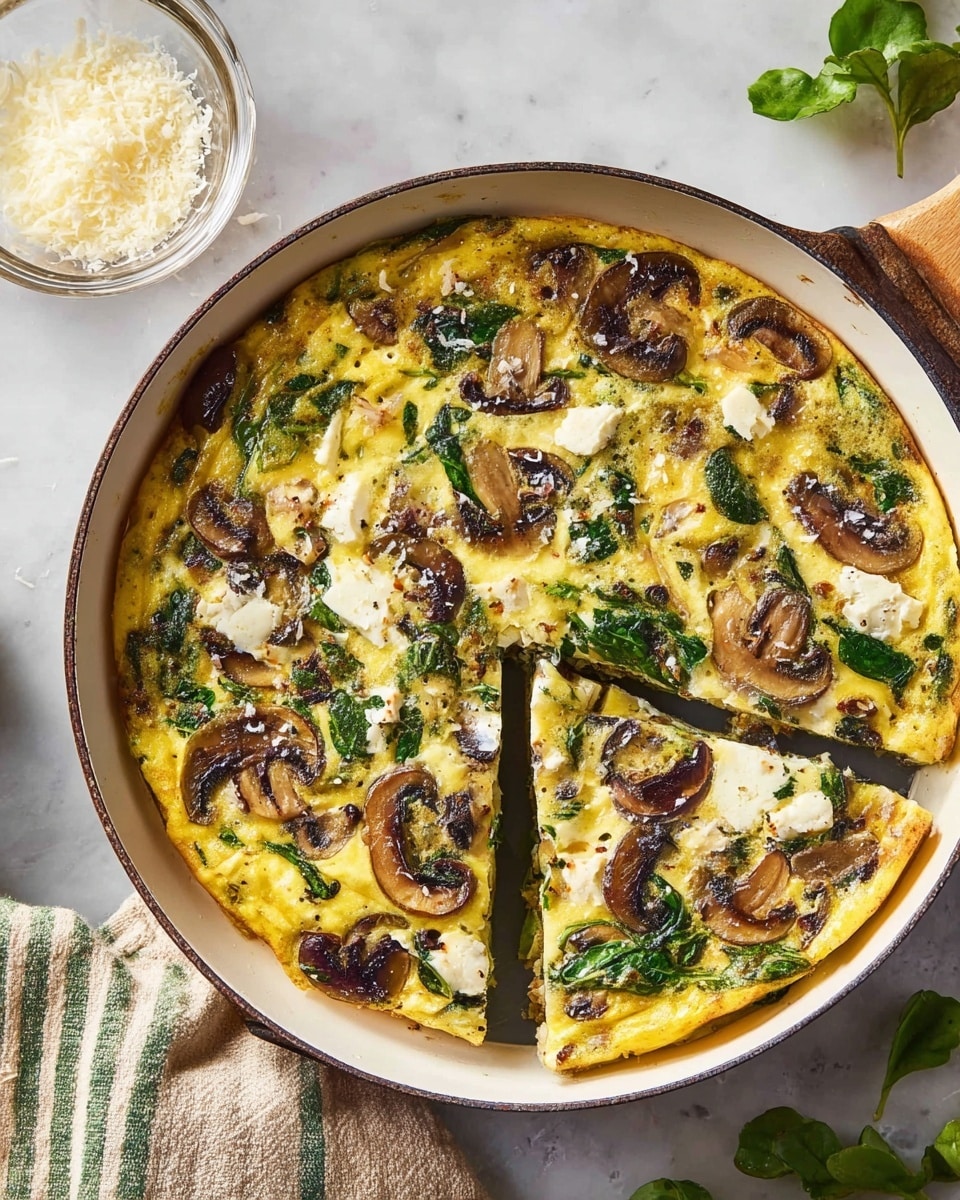 A round egg dish with visible layers of cooked yellow eggs forming the base, dotted with dark brown cooked mushroom slices and bright green spinach leaves spread evenly on top. Pockets of white cheese are scattered within the egg mixture, creating a textured look. The dish is cut into six wedges, with one wedge partly lifted by a spatula showing the mix of all layers inside. The dish is in a white pan with a dark rim, placed on a white marbled surface. Nearby, a small clear bowl holds grated cheese, and a beige cloth with green stripes is partly visible. A green leafy herb lies near the top right corner. Photo taken with an iphone --ar 4:5 --v 7