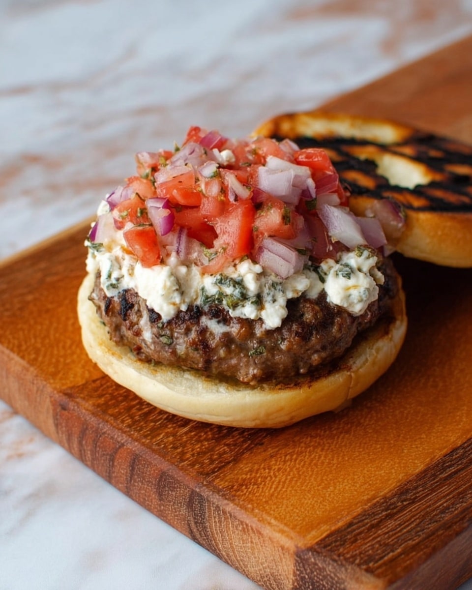 A burger open-faced on a toasted white bun layer shows a thick, brown cooked patty with a textured top. On the patty is a layer of white cheese mixed with green herbs, appearing creamy and soft. On top, there is a chunky mix of red tomato pieces and small white onion bits, offering a fresh, colorful contrast. The bun’s top half, toasted with dark grill marks, is placed slightly to the side on a wooden board with a natural grain pattern, all set against a white marbled surface background. Photo taken with an iphone --ar 4:5 --v 7