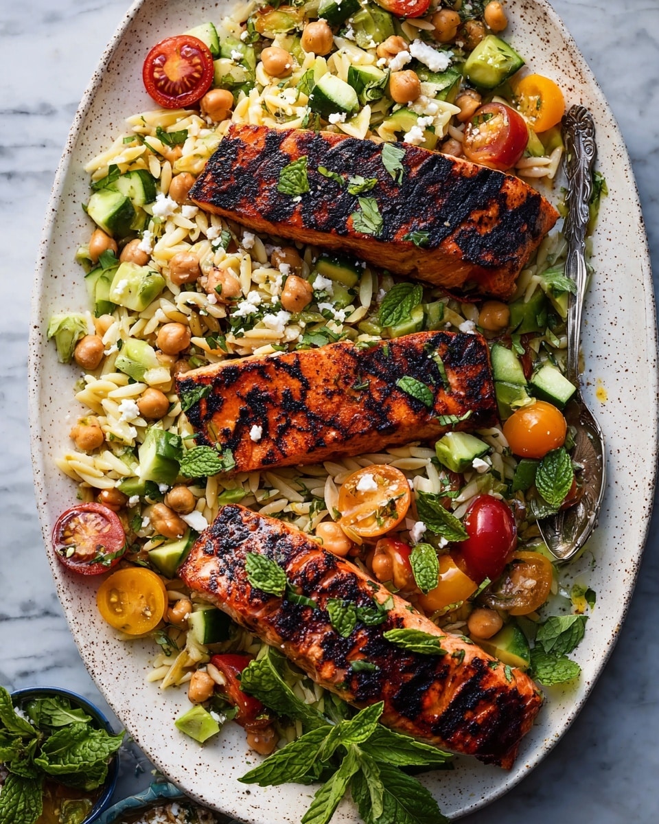 Three grilled salmon pieces with visible dark char marks lie on a large white speckled oval plate. The salmon is topped with small green leaves and bits of white cheese. Below and around the salmon is a layer of orzo pasta mixed with green olives, chickpeas, slices of cucumber, avocado chunks, and halved cherry tomatoes in red and yellow shades. Fresh herbs like mint and basil are scattered on top, adding vibrant green touches. A silver spoon rests within the pasta salad, and the plate is placed on a white marbled surface. photo taken with an iphone --ar 4:5 --v 7