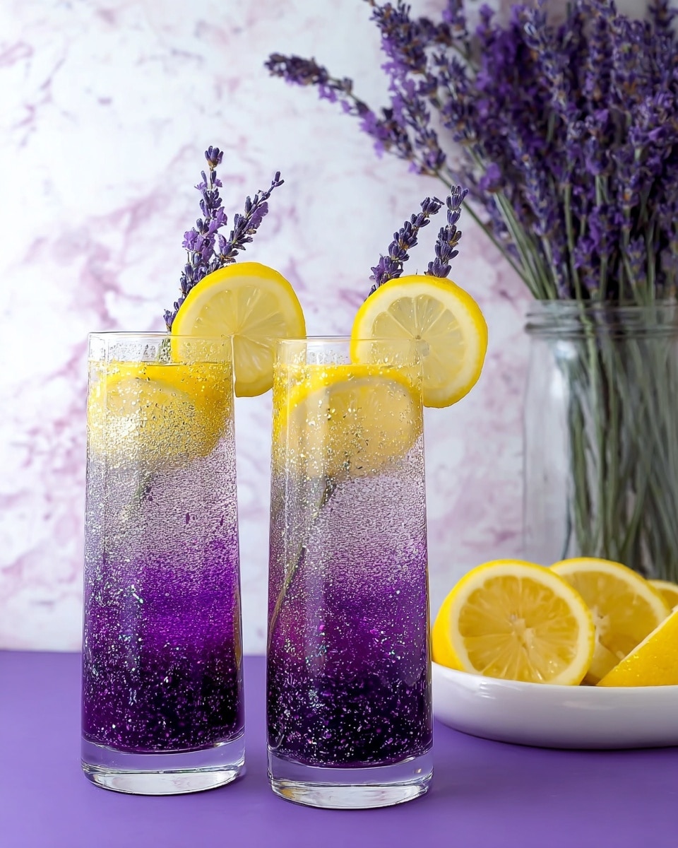 Two tall clear glasses stand side by side on a purple surface with a white marbled texture. Each glass has three layers: the bottom layer is dark purple with sparkling glitter, the middle layer is light purple and sparkling, and the top layer is clear with bubbles floating up. A bright yellow lemon slice is placed on the rim of each glass, and a sprig of purple lavender sticks out from behind the lemon slice inside each glass. In the background, a white bowl holds several yellow lemon slices, and a bunch of lavender flowers is in a clear glass vase against a white marbled texture wall. photo taken with an iphone --ar 4:5 --v 7