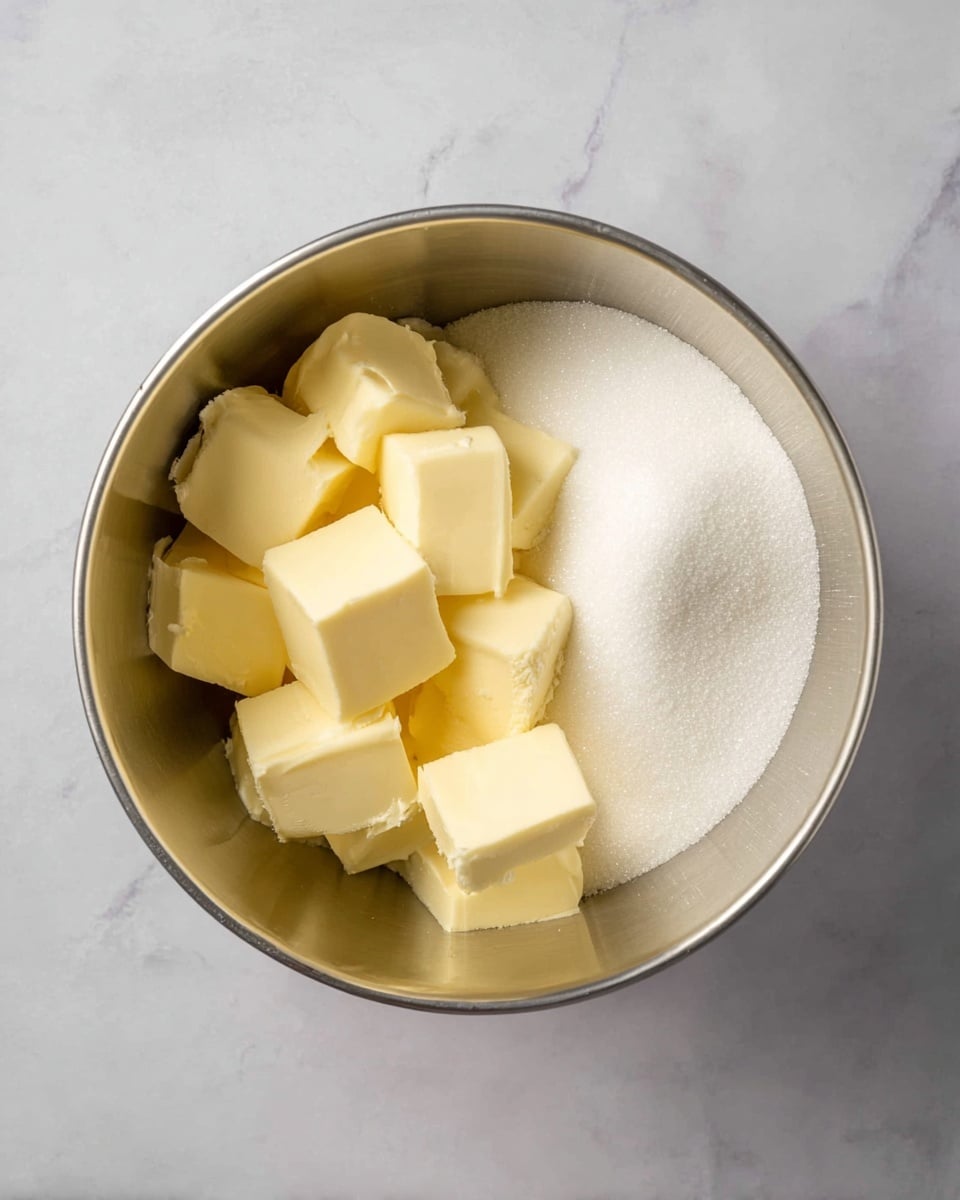 The image shows a top view of a metal mixing bowl placed on a white marbled surface. Inside the bowl, there are two layers of ingredients: one side is filled with several large cubes of pale yellow butter with a smooth texture, while the other side holds a mound of fine white granulated sugar. The two ingredients are adjacent but not mixed. Photo taken with an iphone --ar 4:5 --v 7