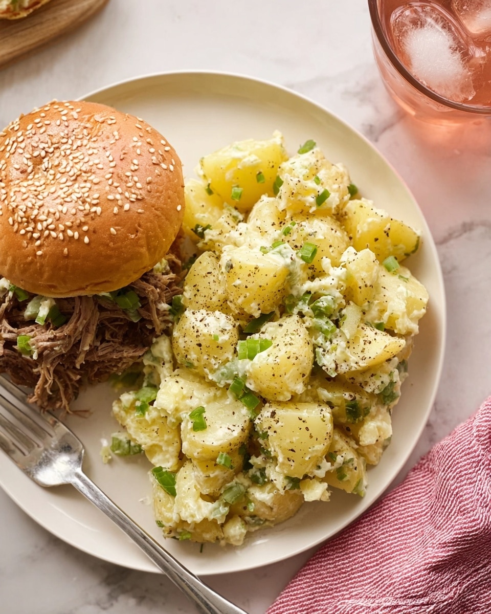 A white plate holds a sandwich on the left side with a sesame seed-topped golden brown bun covering layers of shredded pulled meat and soft white cheese. Next to it on the right side is a heap of creamy yellow potato salad with chunks of potatoes and green bits of chopped onions, sprinkled with black pepper. A silver fork rests on the plate into the potato salad. The plate sits on a white marbled surface, with a pink towel with white stripes partly visible to the lower right and a glass with ice and a pinkish drink in the top right corner. photo taken with an iphone --ar 4:5 --v 7