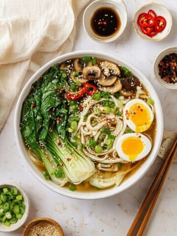 Bok Choy Soup with Shiitake Mushrooms, Noodles, and Soft-Boiled Eggs Recipe
