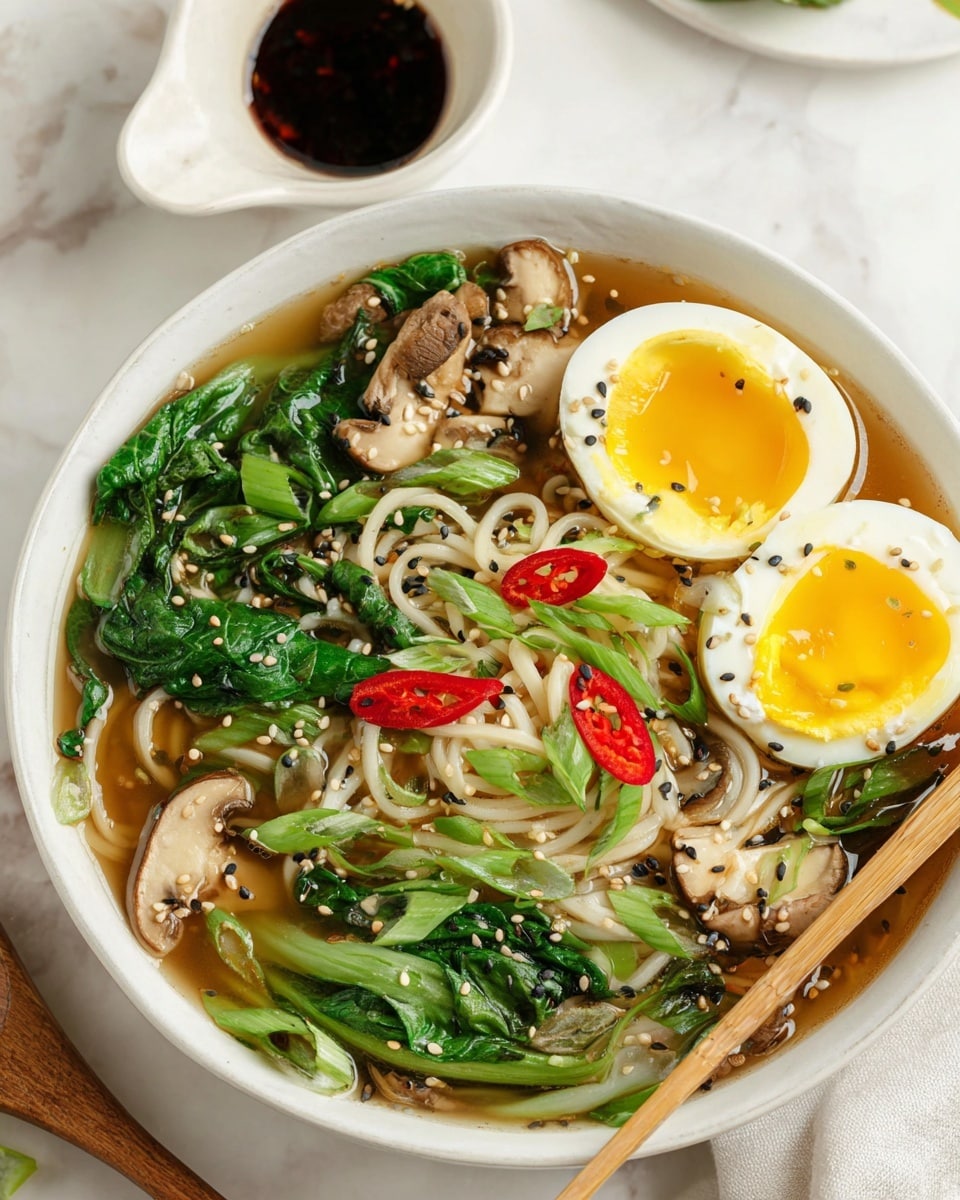 A white bowl filled with light brown soup broth as the base layer, holding white noodles submerged in the broth. On top, there are bright green leafy vegetables and light brown mushrooms scattered around. Two halves of a soft-boiled egg with a slightly runny yellow yolk and firm white sit on one side of the bowl. Red chili slices and chopped green onions are sprinkled over everything with white and black sesame seeds scattered on top. A wooden spoon rests inside the bowl and in the background there is a small white cup with dark sauce, all on a white marbled surface. Photo taken with an iphone --ar 4:5 --v 7