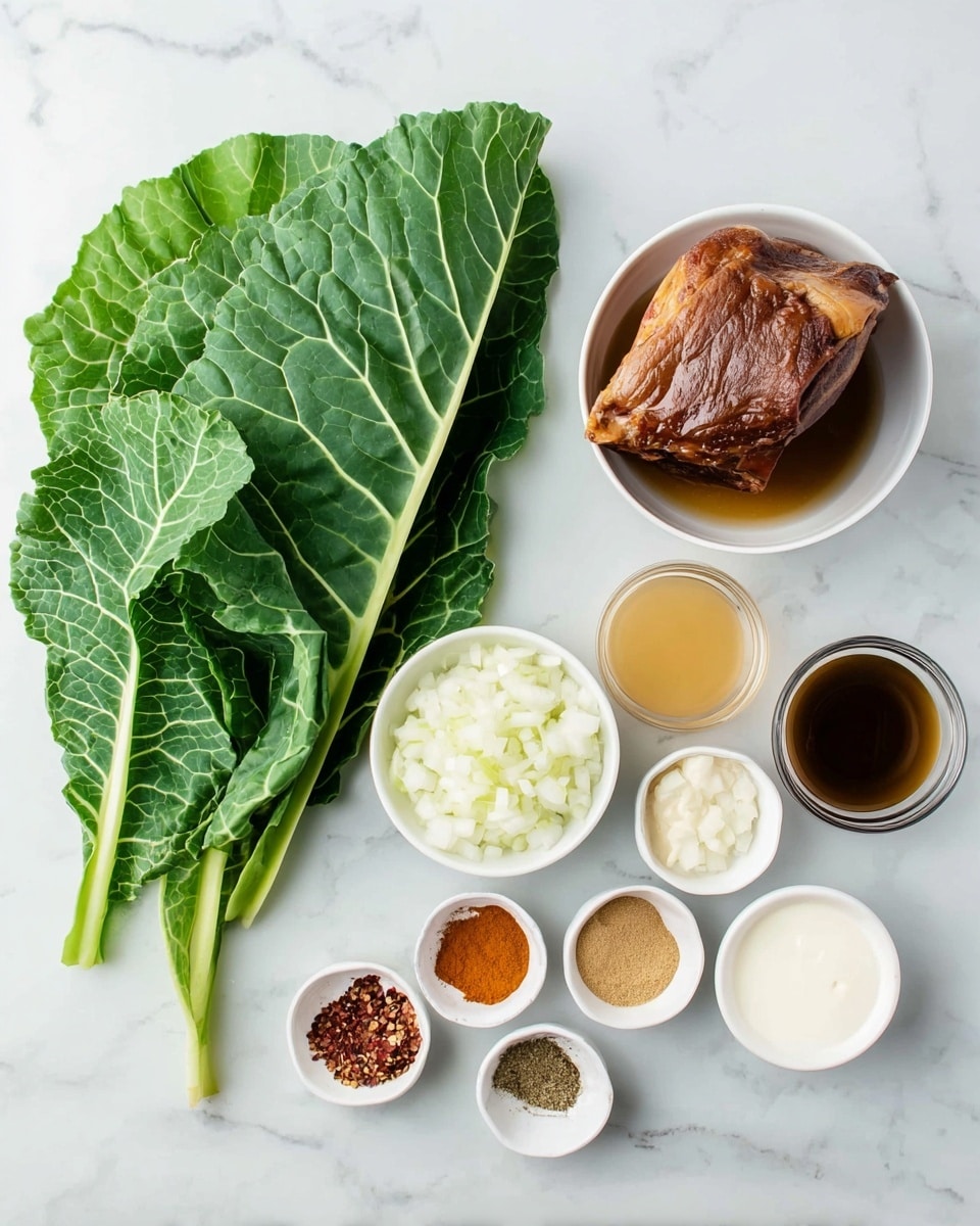 The image shows fresh collard green leaves on the left side, large and vibrant green with visible veins. On the right side, there is a white bowl with a large piece of cooked pork shank, brown and crispy on the outside. Around that, several smaller white bowls contain ingredients: finely chopped white onions, a light brown liquid (likely vinegar), a dark brown liquid (sauce), an orange powder spice, a small bowl with three types of spices including reddish flakes, brown cumin, and light brown powder, a pale creamy liquid in another bowl, and a small bowl with thick white cream. All items are arranged neatly on a white marbled surface. Photo taken with an iphone --ar 4:5 --v 7