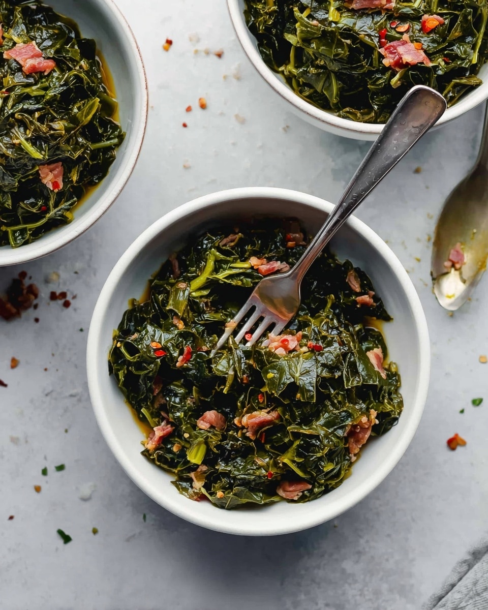The image shows three white bowls filled with cooked dark green leafy vegetables mixed with small pieces of pink meat. The vegetables appear soft and slightly shiny from moisture, with a few red chili flakes scattered throughout. One bowl is centered with a fork resting inside it, showing some of the vegetable and meat mixture on the tines. The bowls are placed on a white marbled surface with some small crumbs scattered around. The overall colors are green, dark pink, and red against the white bowls and light surface. photo taken with an iphone --ar 4:5 --v 7