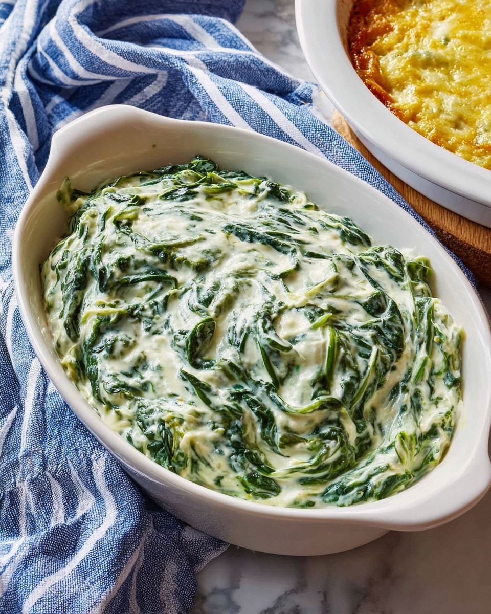 A white oval dish filled with creamy spinach dip, showing a mix of bright green spinach leaves swirled into thick, smooth, white cream. The dish is placed on a soft blue and white striped cloth with some folds, and part of a large round white dish with a golden-yellow baked topping is visible on the right side. The scene is set on a white marbled surface. photo taken with an iphone --ar 4:5 --v 7