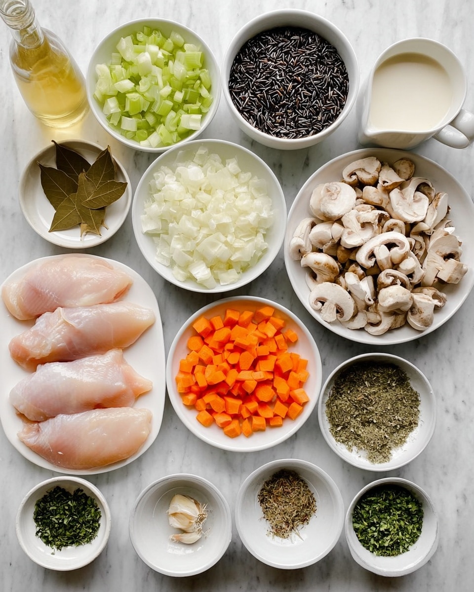 The image shows several white bowls arranged neatly on a white marbled surface, each containing different ingredients. There are four large pieces of raw pale pink chicken placed on a white plate at the bottom left. To the right, there is a white bowl filled with chopped mushrooms showing a mix of brown and cream colors. Above the mushrooms, a jug with white cream or milk sits near a white bowl filled with dark, wild uncooked rice. Next to it, a small white plate holds two brown bay leaves. In the top row, from left to right, there is a white bowl containing diced green celery, another with white powder, a bowl with chopped white onions, and an orange carrot cut into chunks in a white bowl. There are smaller bowls holding dried herbs in a mix of green and brown shades, finely minced garlic, and chopped fresh green herbs at the bottom left near a bottle of light yellow liquid, likely broth. All ingredients are clearly separated, with smooth and diced textures visible. Photo taken with an iphone --ar 4:5 --v 7