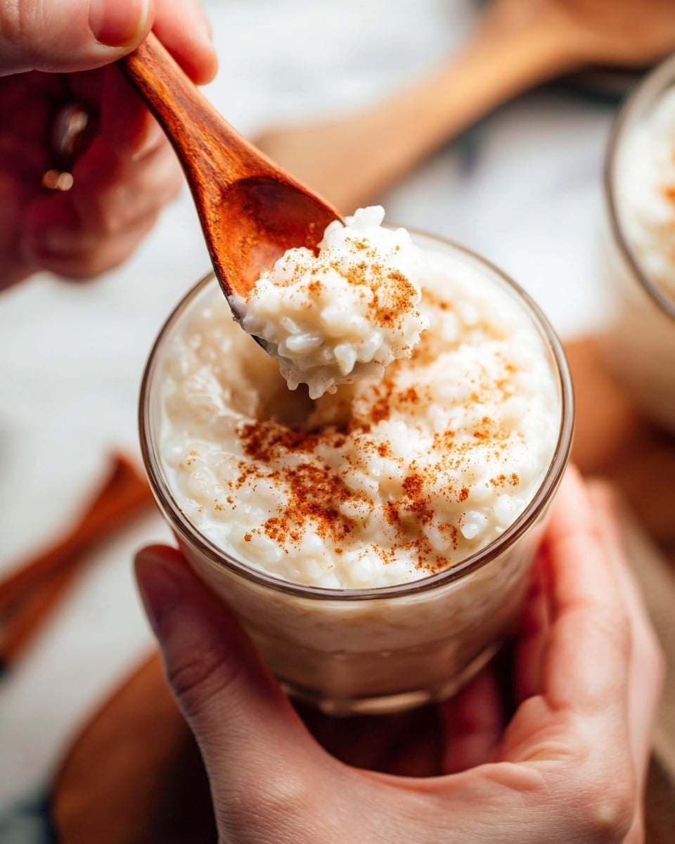 A close-up image shows a woman's hand holding a small clear glass filled with creamy white rice pudding. On top of the pudding, there is a light sprinkling of reddish-brown cinnamon powder. Another hand holds a wooden spoon scooping a portion of the rice pudding from the glass. The texture of the pudding looks soft and slightly thick with visible rice grains. The background features a white marbled surface and blurred wooden and soft warm light colors behind. photo taken with an iphone --ar 4:5 --v 7