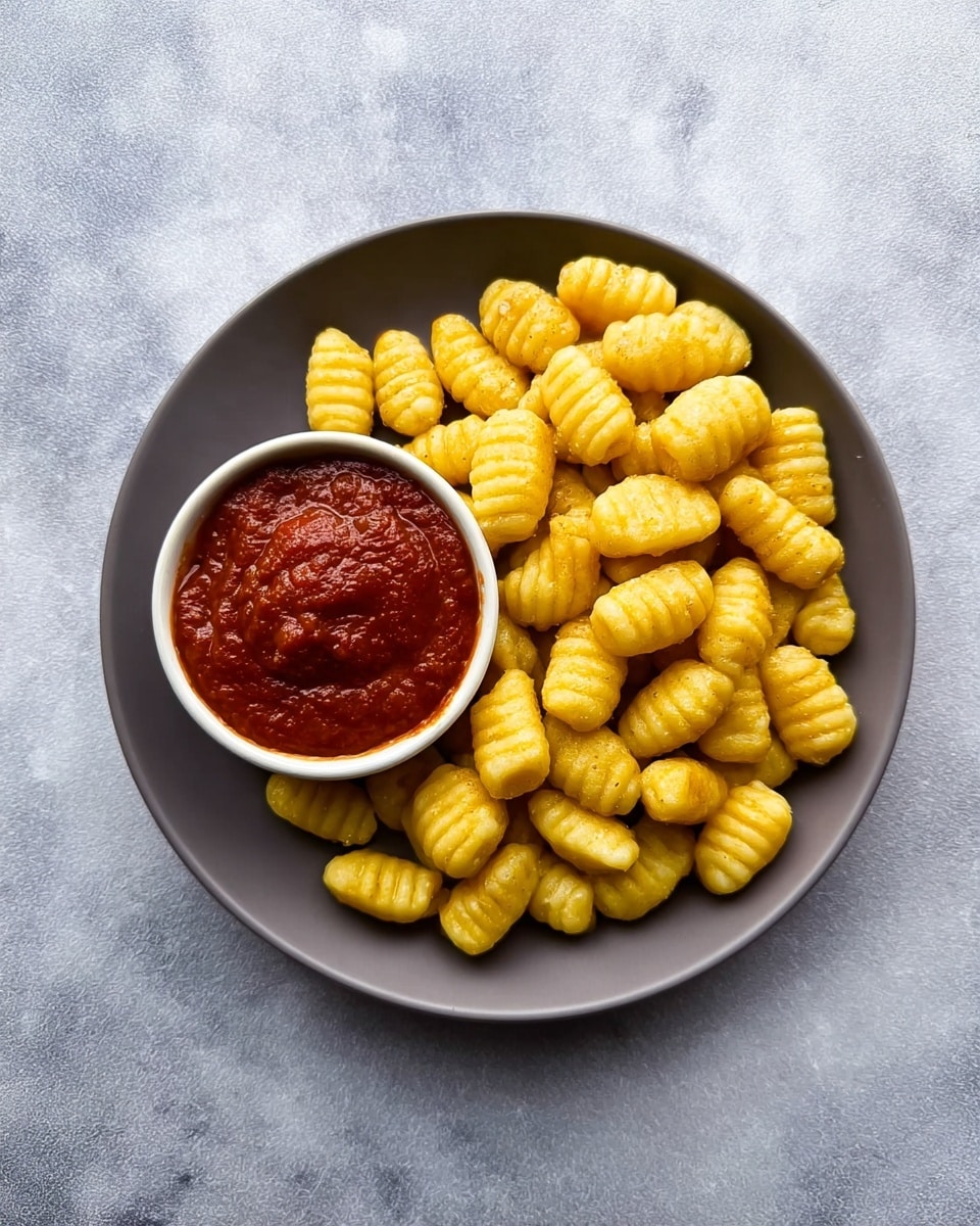 A gray round plate filled with many small, golden-yellow gnocchi pieces that have soft ridges on top. On the right side of the plate, a small white bowl holds thick, rich red tomato sauce. The plate is placed on a white marbled surface with a slight shine. Photo taken with an iphone --ar 4:5 --v 7