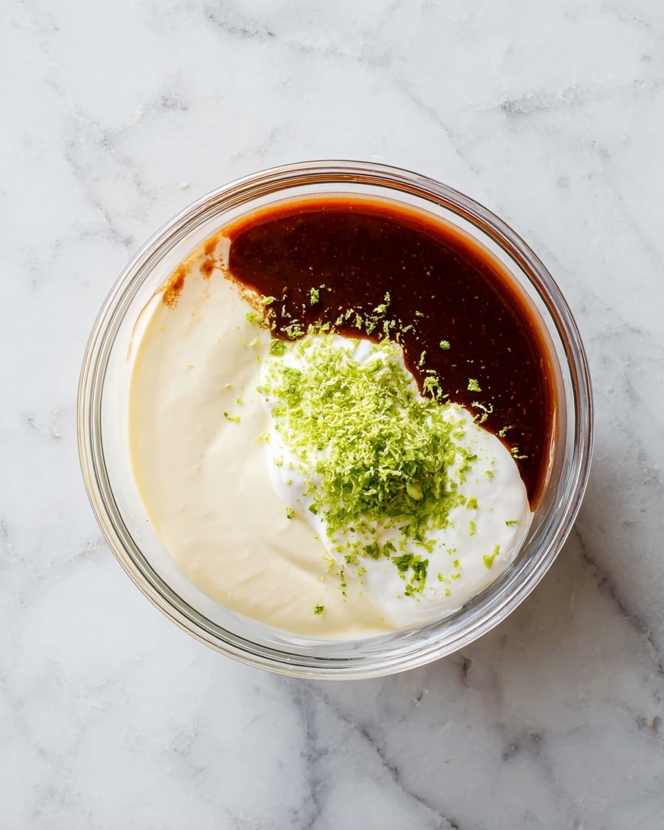 A clear glass bowl sits on a white marbled surface filled with three separate layers: a dark reddish-brown smooth sauce on the left side, a thick and creamy white layer in the center and right, and a slightly translucent pale yellow liquid around the white cream. On top of the white layer, there is a small pile of finely grated green zest, adding a fresh contrast. The ingredients are arranged side by side but not mixed, showing clear separation and texture differences. Photo taken with an iphone --ar 4:5 --v 7