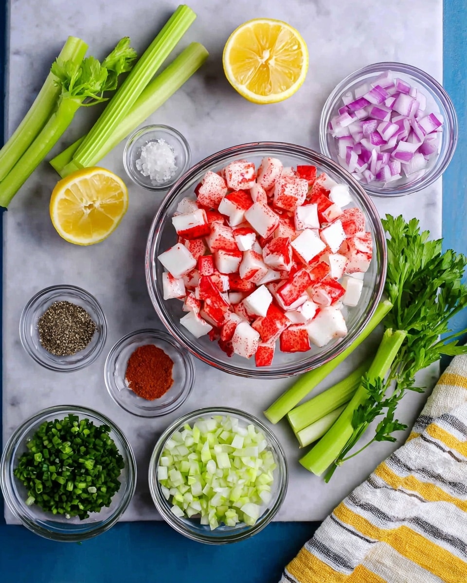 A top-down view of various ingredients arranged neatly on a white marbled texture, featuring a large clear bowl in the center filled with red and white crab sticks cut into small pieces. Around it are smaller clear bowls holding finely chopped green celery, diced purple onions, green chopped herbs, and small piles of spices including black pepper, paprika, salt, and a light brown seasoning. Two lemon halves and whole celery stalks are also placed nearby, along with a striped yellow, gray, and white kitchen towel on the right side. The colors are bright and fresh, with clear separation and focus on each ingredient, photo taken with an iphone --ar 4:5 --v 7