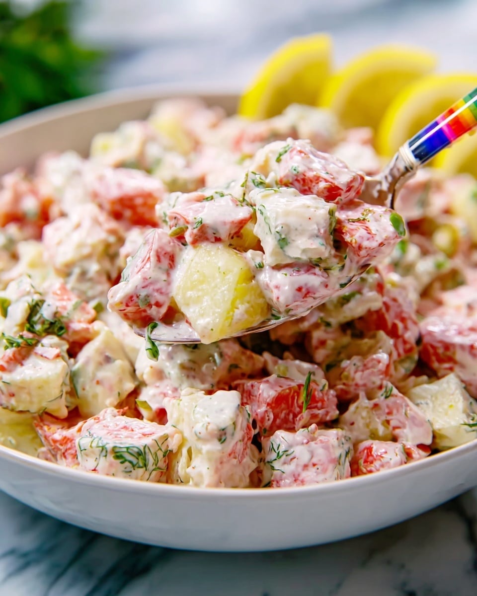 A close-up view of a creamy salad served in a white bowl on a white marbled surface, showing many small cubes of pinkish crab or seafood, light yellow cubes of pineapple, and bits of green herbs scattered throughout. The salad has a thick, light pink dressing covering all pieces, giving it a rich texture. A silver spoon with a colorful handle is lifting a pile of the salad, revealing the mixed layers of crab, pineapple, and herbs. Half lemon slices decorate the edge of the bowl, adding a fresh touch to the scene. Photo taken with an iphone --ar 4:5 --v 7
