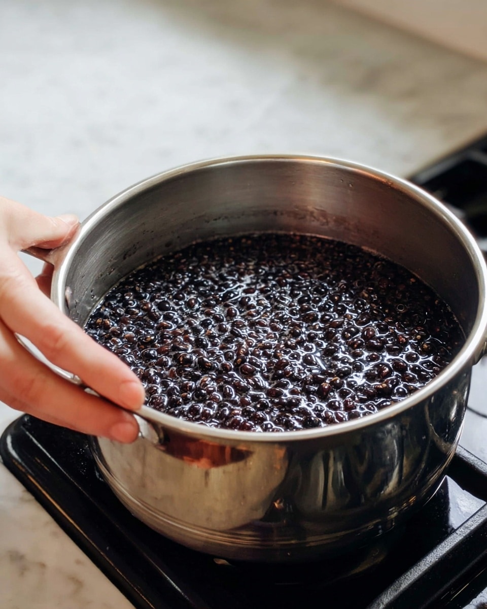 A shiny silver pot filled with small, round black beans soaking in water, showing a wet and slightly bumpy dark surface. The pot is on a black stove with a white marbled surface behind it. On the left edge of the pot, a woman's hand is gently touching or holding the pot's handle. The background is softly blurred with light colors, keeping focus on the pot and beans. photo taken with an iphone --ar 4:5 --v 7