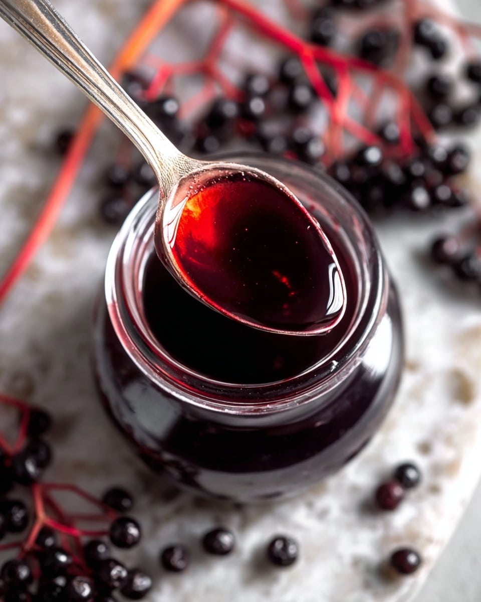 A close-up image of a glass jar filled with dark red elderberry syrup, sitting on a white marbled surface. The syrup has a thick shiny texture and deep red color. A silver spoon holds a small amount of the syrup above the jar, showing its smooth and glossy surface. Around the jar, there are several small, dark purple elderberries with bright red stems scattered on the white marbled texture. The image has a soft natural light giving the syrup a glowing look. Photo taken with an iphone --ar 4:5 --v 7