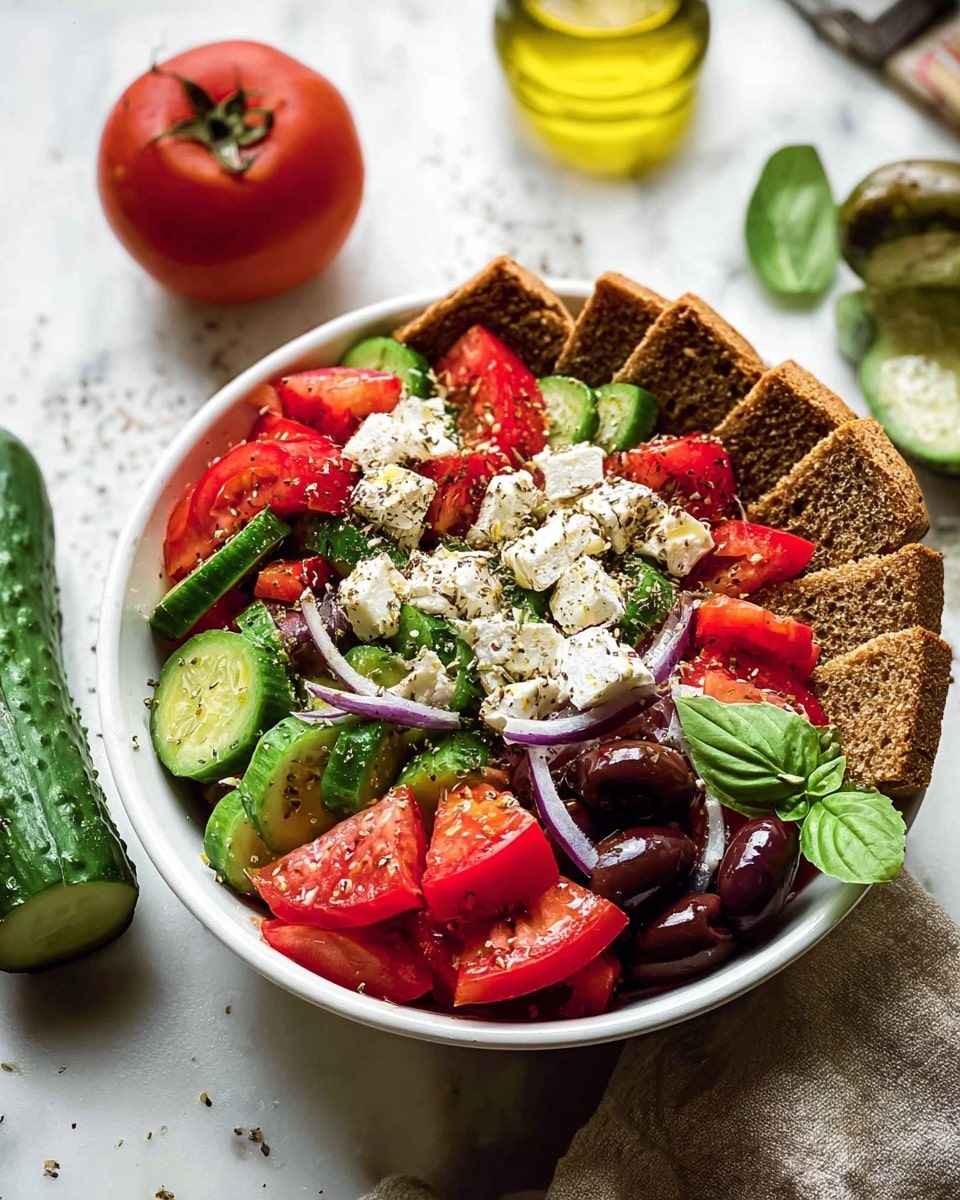 A white bowl sits on a white marbled surface filled with a colorful Greek salad arranged in layers. The bottom layer has brown bread pieces placed along the edge of the bowl. On top, there are bright red tomato slices, green sliced cucumbers, and a few dark purple olives scattered throughout. White crumbled feta cheese is spread over the vegetables, sprinkled with black dried herbs. Fresh green basil leaves add a pop of color among the layers. In the background, there is a whole tomato, a glass bottle of olive oil, and a cucumber on the white marbled surface. photo taken with an iphone --ar 4:5 --v 7