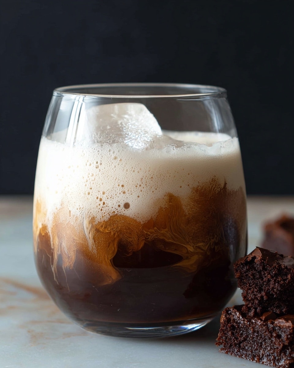 The image shows a close-up of a frothy iced coffee drink in a round clear glass. The bottom layer is a dark brown coffee with a slightly swirled texture. On top, there is a thick layer of white foam that looks smooth and creamy with some small bubbles visible. One large, clear ice cube sits in the foam near the center. Next to the glass on the right side, there are small pieces of dark brown chocolate brownie. The background is plain dark, and the surface beneath is a white marbled texture. photo taken with an iphone --ar 4:5 --v 7