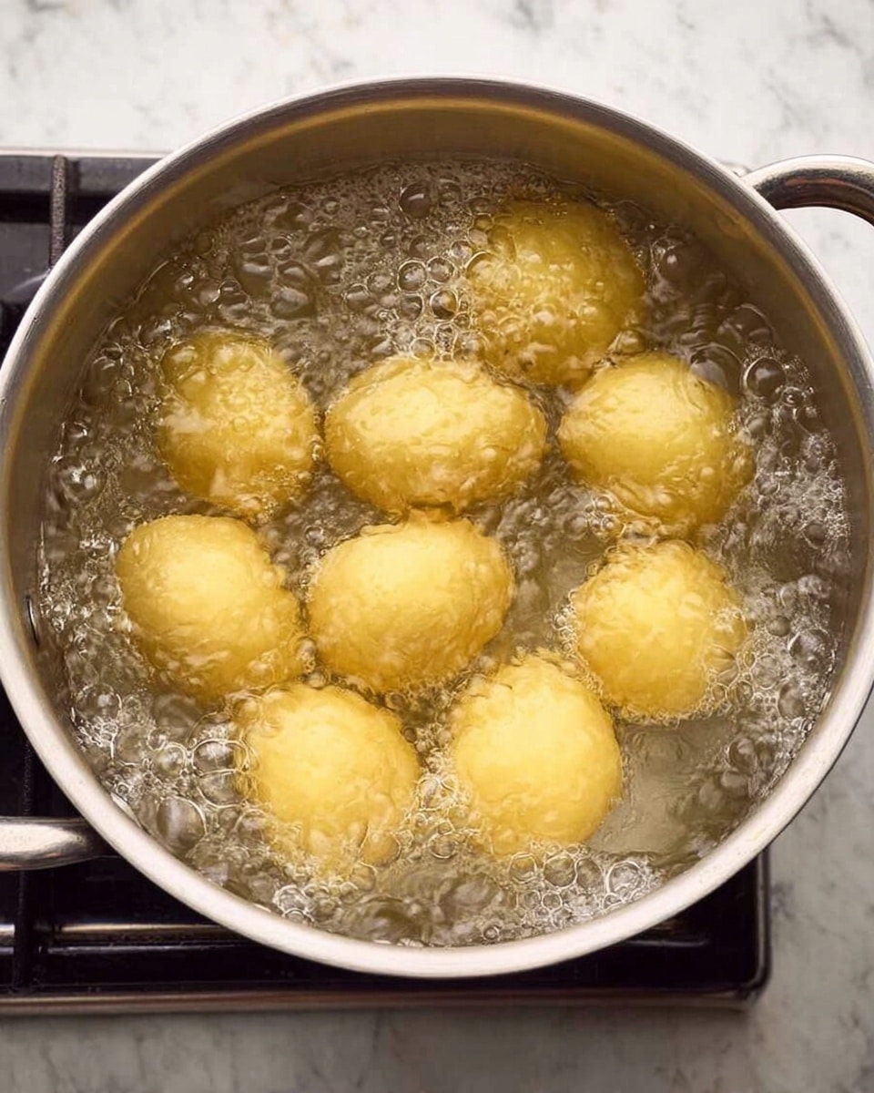 A large silver pot filled with water boiling on a stove, containing eight small yellowish round dough pieces rising in the bubbling water. The dough looks smooth but slightly puffy as it cooks in the clear bubbles that cover most of them. The pot's handles are visible on the sides, and the whole scene is set on a white marbled surface. photo taken with an iphone --ar 4:5 --v 7