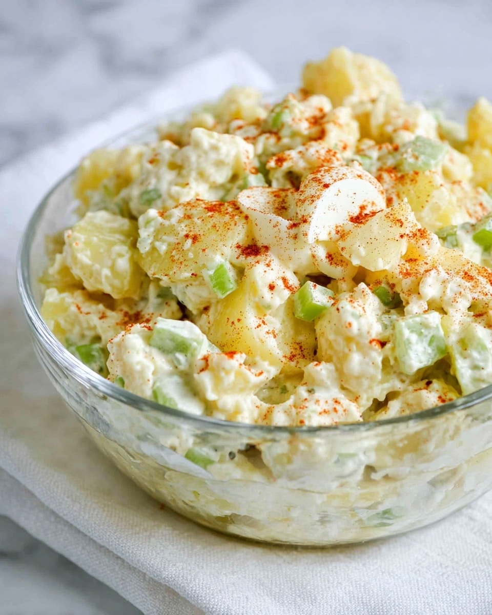 A clear glass bowl filled with a creamy potato salad placed on a white cloth, set on a white marbled surface. The potato salad has roughly two layers mixed together: large chunks of soft, yellowish potato coated with a smooth, white mayonnaise-like dressing, mixed with small, light green celery pieces and thin slices of boiled white egg. The salad is sprinkled with reddish paprika powder and small specks of black pepper all over. photo taken with an iphone --ar 4:5 --v 7