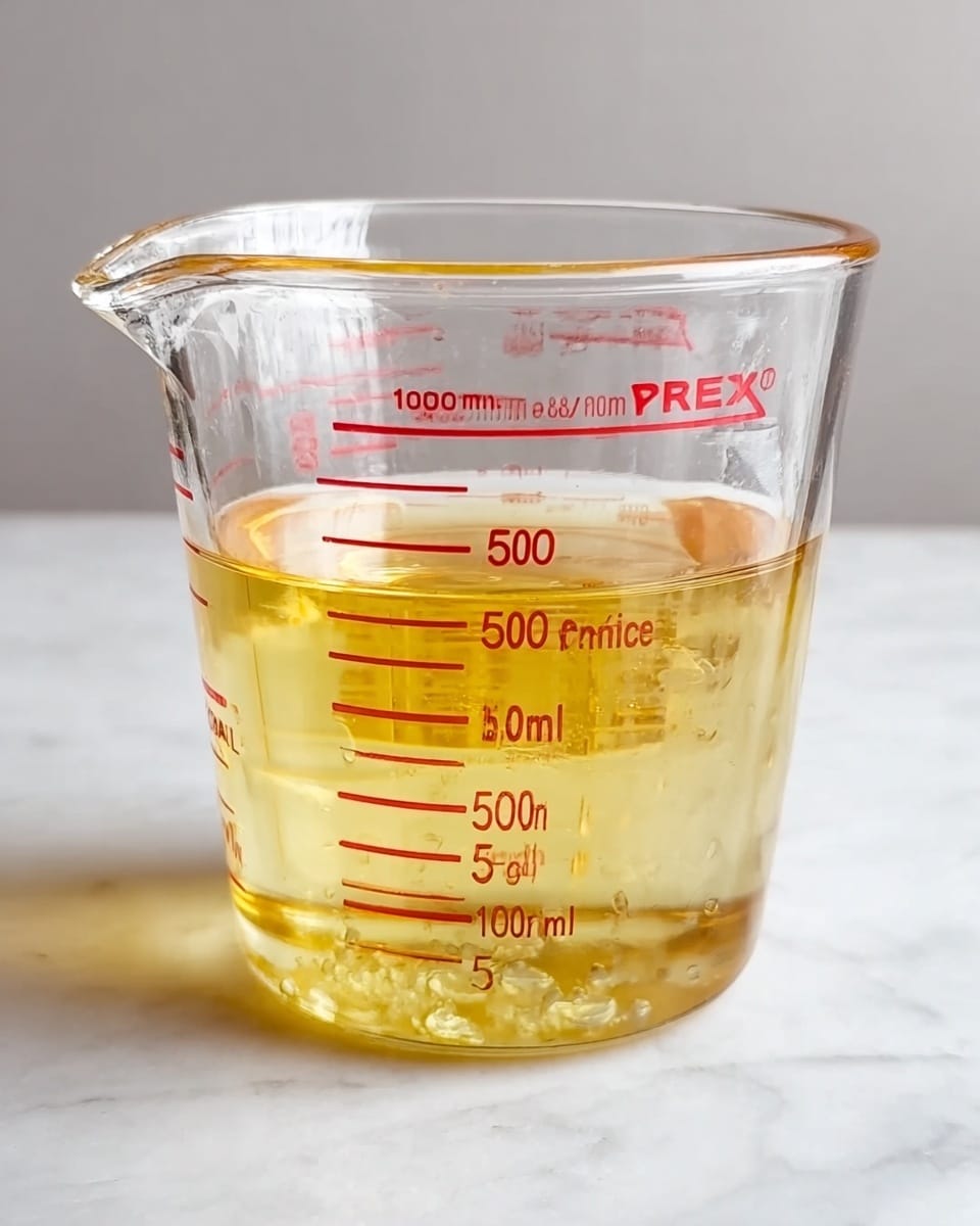A clear glass Pyrex measuring cup filled with a light golden yellow liquid, reaching just above the 100 ml mark, on a white marbled surface. The measuring cup has red measurement lines and numbers on the side, showing amounts up to 500 ml. The background is plain and light-colored, with soft shadows below the cup, highlighting its transparency and the golden liquid inside. Photo taken with an iphone --ar 4:5 --v 7