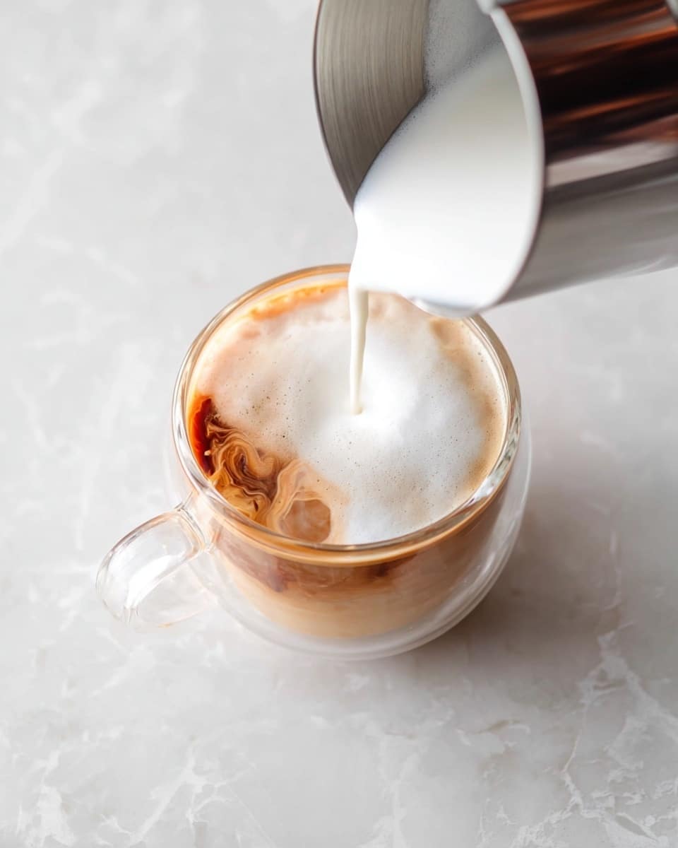 A clear glass cup with a handle holds a layer of light brown coffee with darker brown swirls near the edge, topped with a layer of white milk foam. Fresh white milk is being poured from a silver metal pitcher into the center of the coffee, blending softly with the coffee below. The cup sits on a smooth white marbled surface. Photo taken with an iphone --ar 4:5 --v 7
