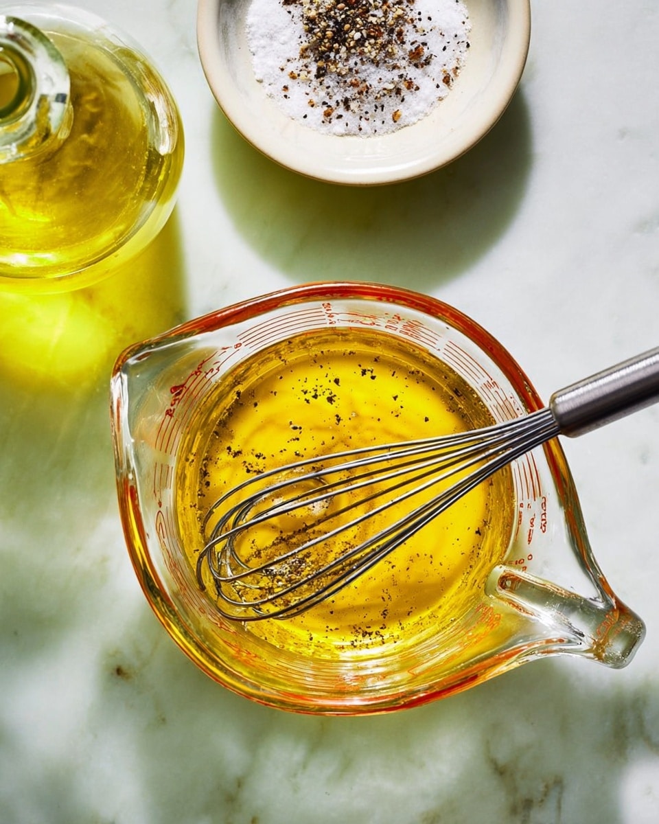 A clear glass measuring cup sits on a white marbled surface, filled about halfway with golden yellow liquid, likely oil or dressing, with a few specks of black pepper scattered on top. Inside the measuring cup, a silver whisk is partially immersed in the yellow liquid, positioned at an angle. Above the measuring cup, there is a small white bowl filled with coarse salt mixed with black pepper, showing a rough texture. To the left of the measuring cup, a rounded glass bottle filled with light yellow liquid is partly visible. The whole scene has bright, natural light highlighting the colors and textures. Photo taken with an iphone --ar 4:5 --v 7