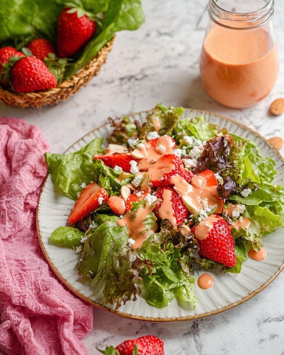 A plate of fresh green leafy lettuce forms the base layer, filling most of the white plate. On top, there are several slices of bright red strawberries scattered around, mixed with small crumbles of white cheese and a few almond slices. A thick, creamy pinkish-orange dressing is drizzled all over the salad, adding color contrast. Behind the plate, a clear glass jar holds more of the pinkish dressing. Some whole strawberries sit on the white marbled surface near a woven basket holding green lettuce wrapped partially in a pink cloth. The photo is taken with an iphone --ar 4:5 --v 7