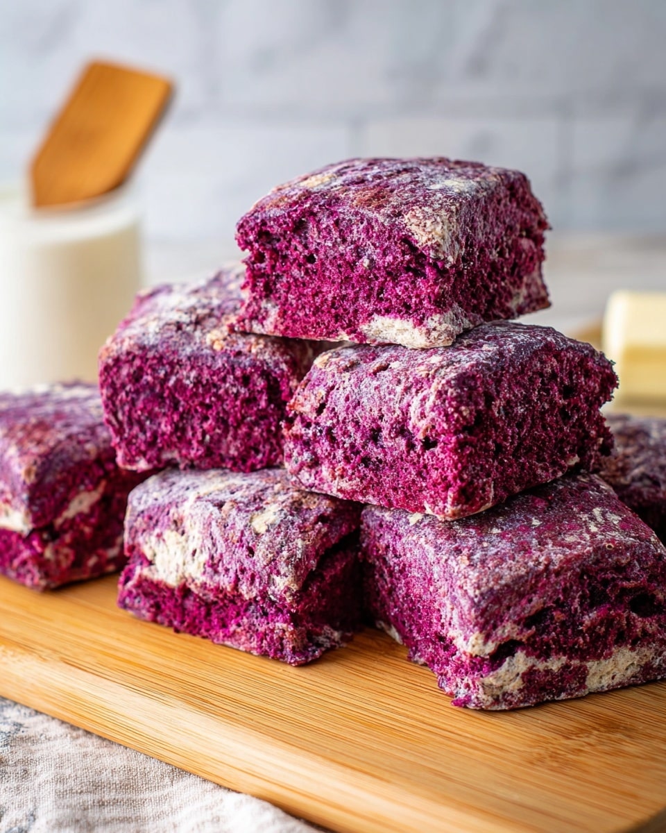 Six square-shaped purple scones with a slightly rough and flaky texture are stacked closely on a light wooden board. Each scone shows a mix of deep purple and touches of white flour dusted on top, highlighting the layers and air pockets within the dough. The background features a white marbled surface with a blurry white container and wooden butter spreader behind. The lighting is bright and natural, showing the scones' rich color and texture clearly. Photo taken with an iphone --ar 4:5 --v 7