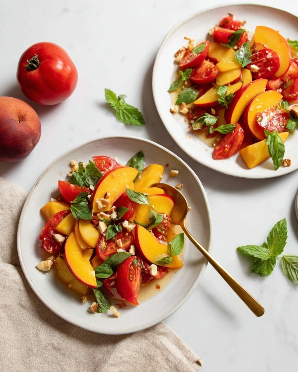 The image shows two white plates on a white marbled surface. The plate on the left is larger and holds a mix of sliced yellow peaches with red skin, quartered red tomatoes, green basil and mint leaves, and small chopped nuts scattered over a light pinkish sauce. A gold spoon rests on this plate. The smaller white plate on the right contains a similar mix of three peach slices, several tomato quarters, green leaves, and scattered nuts, all lightly coated in the same pink sauce. Two whole red tomatoes with green stems are placed near the top right corner beside the plates. The scene has soft natural lighting and a beige cloth partially visible near the bottom left corner. Photo taken with an iphone --ar 4:5 --v 7
