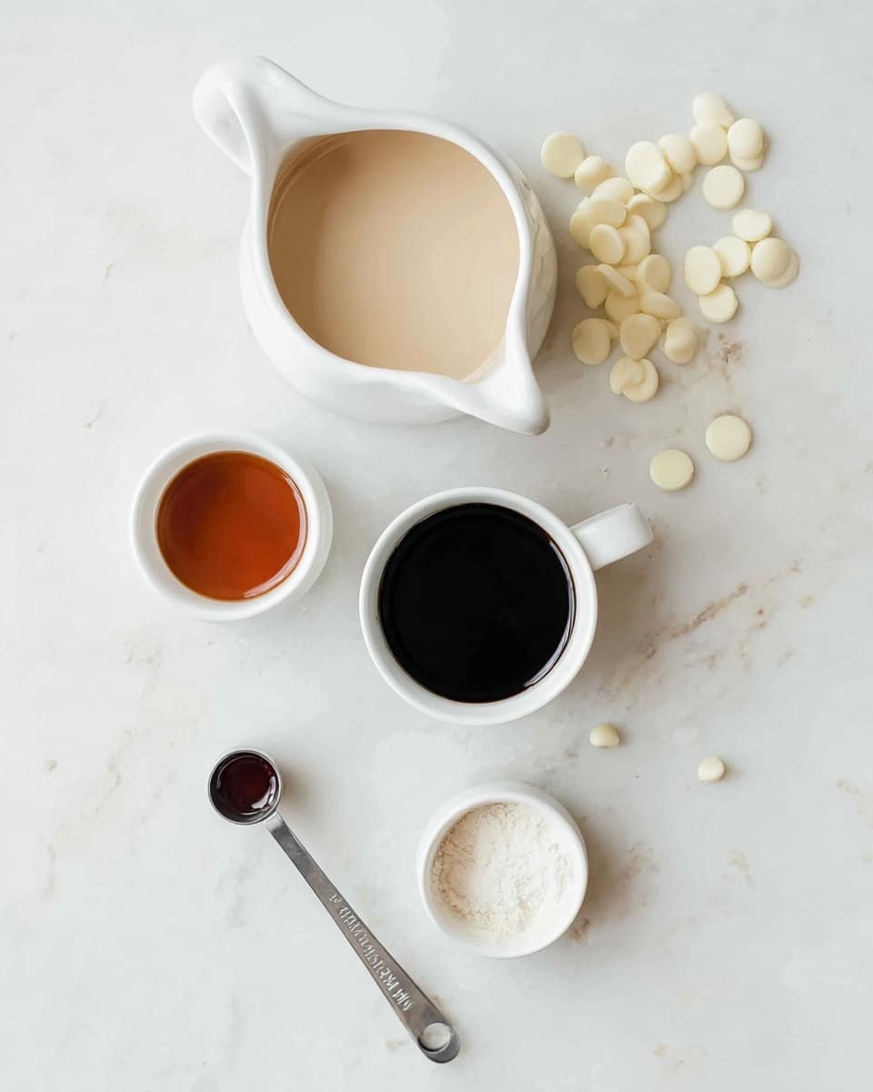 A top view of five small white containers on a white marbled surface, each holding a different ingredient: a jug with beige liquid, a jug with dark black liquid, a small round bowl with light caramel liquid, a small round bowl with white powder, and a metal measuring spoon with a small amount of dark liquid. White chocolate chips are scattered around the containers. The scene is simple and clean with soft natural light photo taken with an iphone --ar 4:5 --v 7